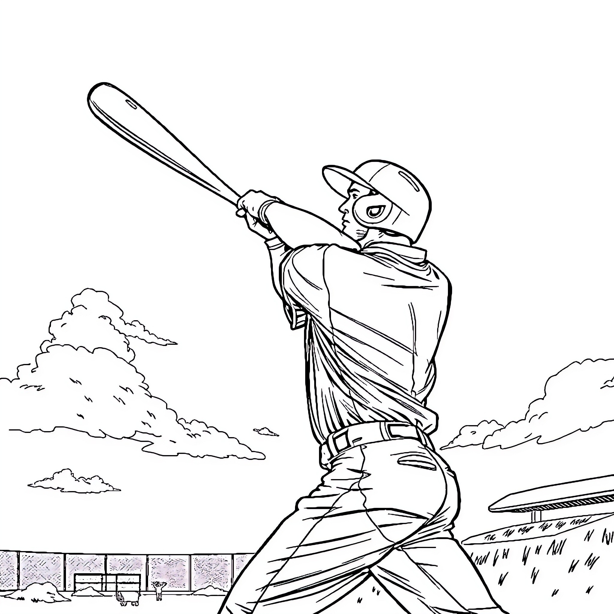 Baseball Player Batting Confidently on the Field Coloring Page (free black-and-white line drawing printable PDF for all, from beginners to advanced learners, including children, teens, adults, and seniors)