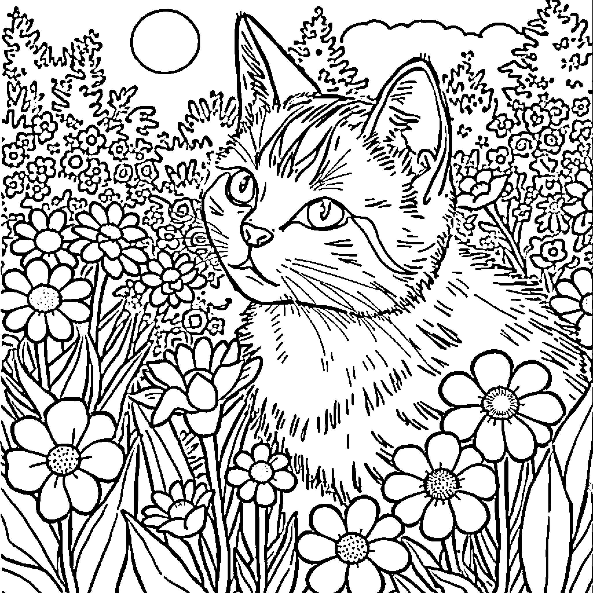 Cat in a Vibrant Floral Field Coloring Page (free black-and-white line drawing printable PDF for all, from beginners to advanced learners, including children, teens, adults, and seniors)