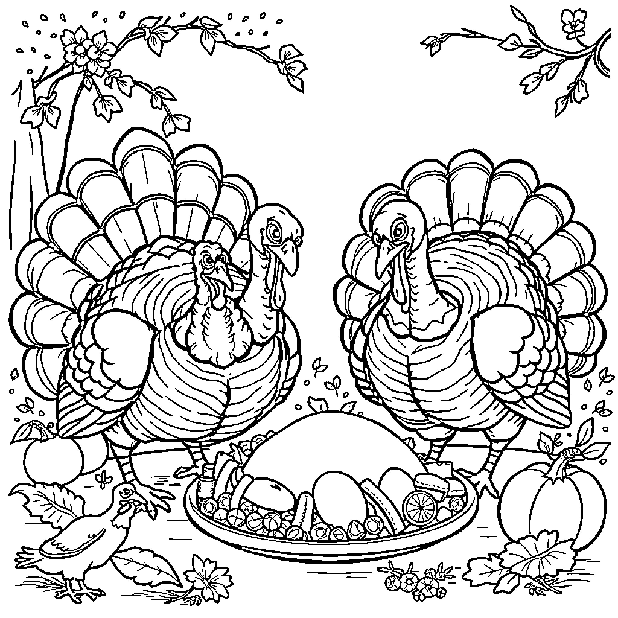 Turkey Thanksgiving celebration with nature decor Coloring Page (free black-and-white line drawing printable PDF for all, from beginners to advanced learners, including children, teens, adults, and seniors)