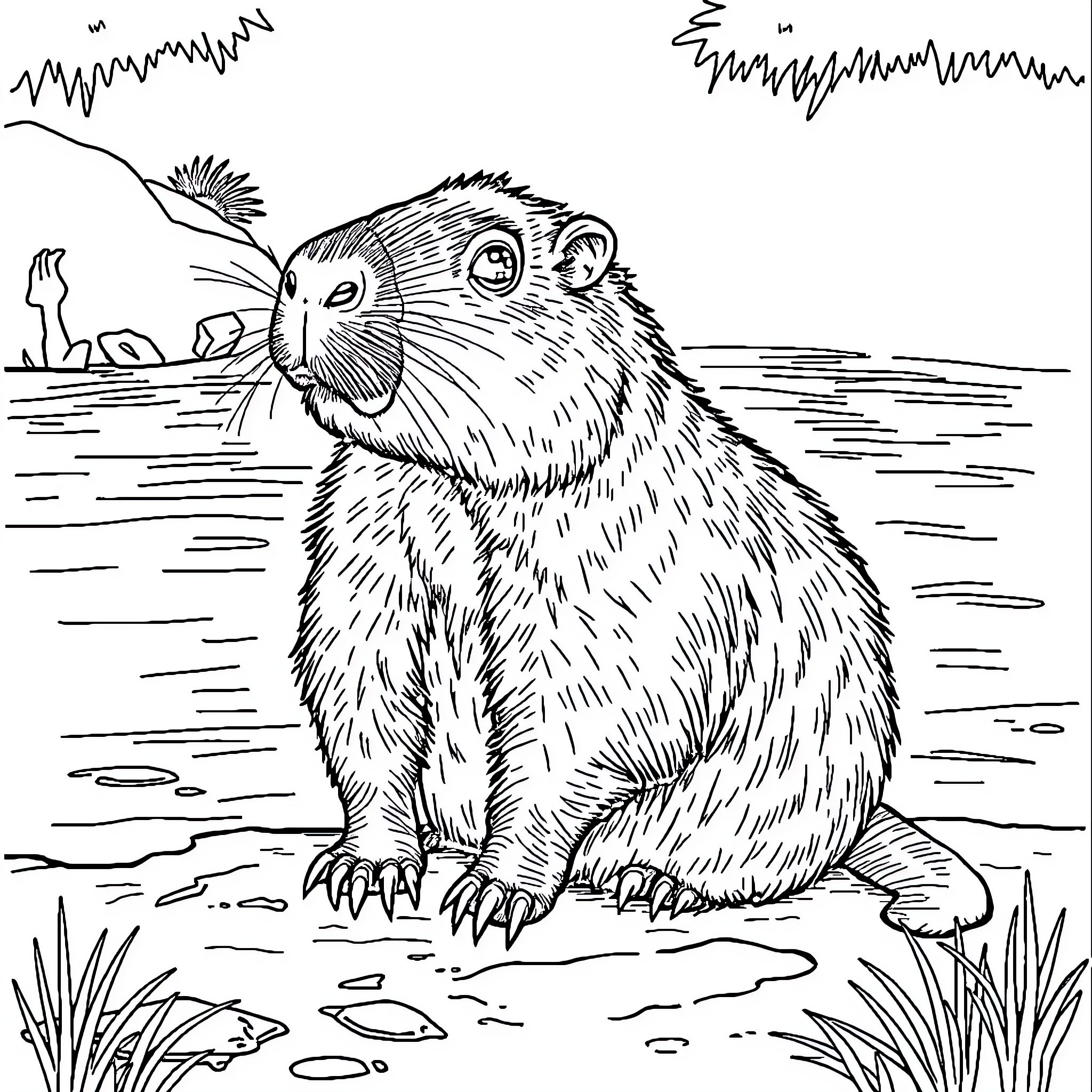 Capybara relaxing in the serene landscape Coloring Page (free black-and-white line drawing printable PDF for all, from beginners to advanced learners, including children, teens, adults, and seniors)