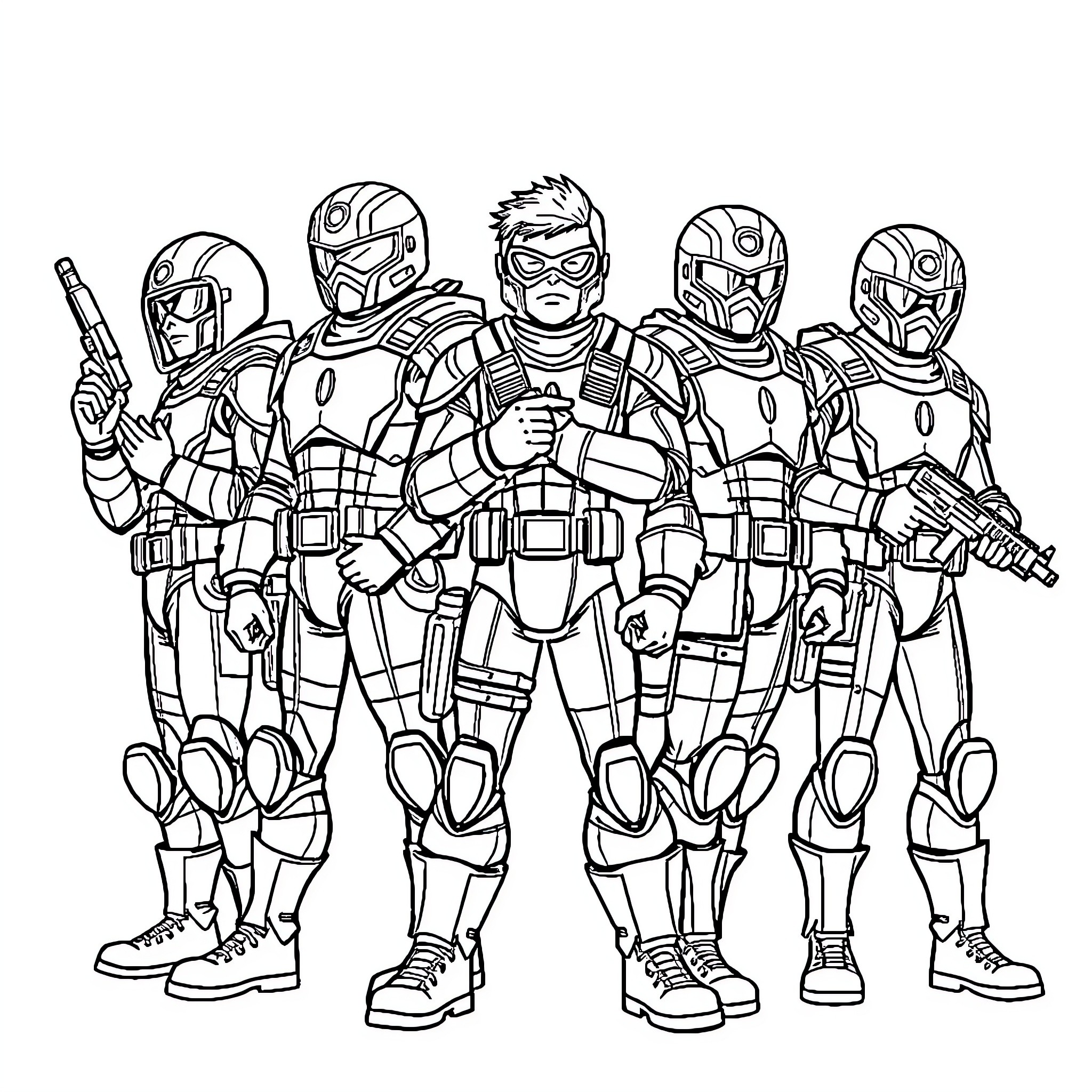 Force of futuristic armored soldiers in combat gear Coloring Page (free black-and-white line drawing printable PDF for all, from beginners to advanced learners, including children, teens, adults, and seniors)