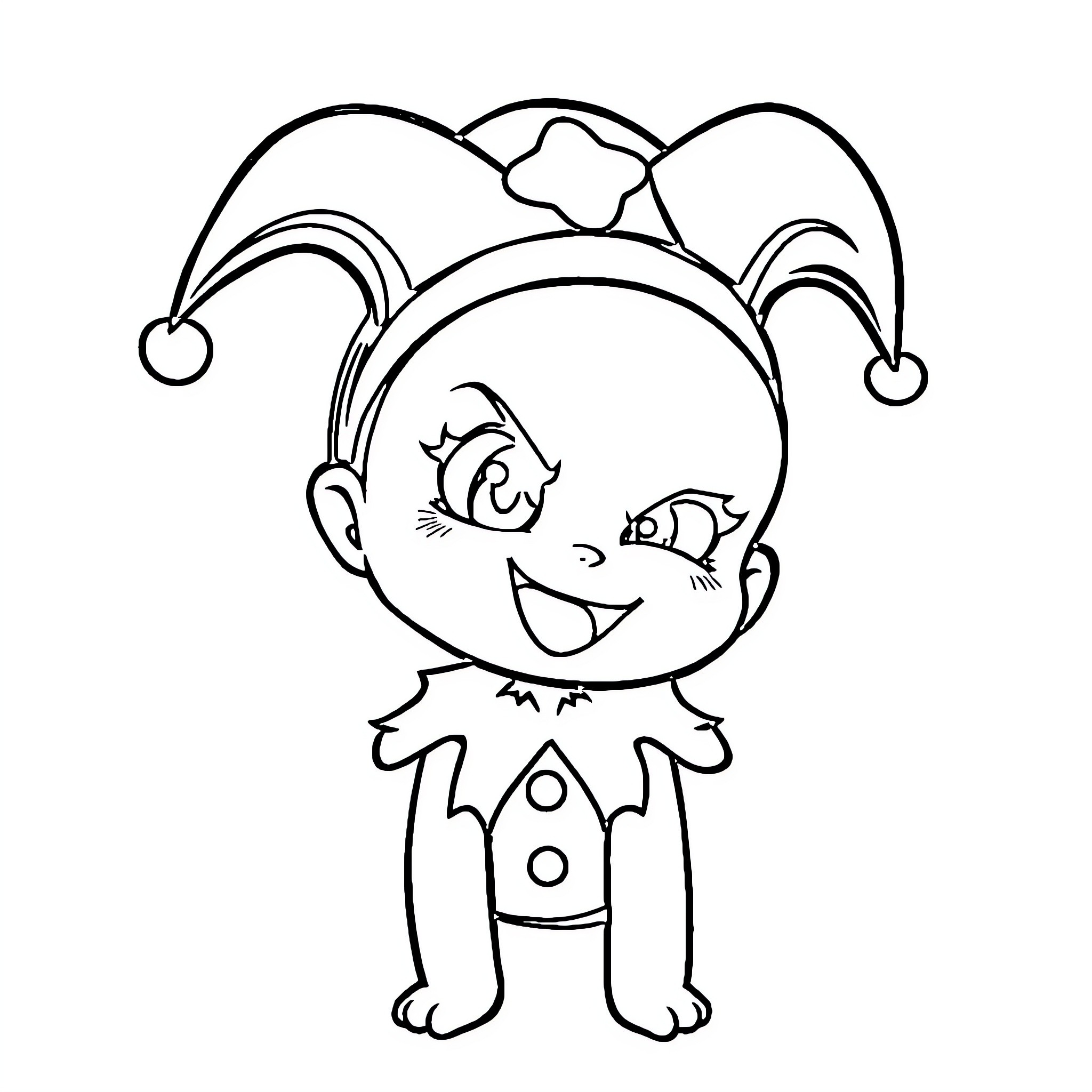 Kuromi the Jester in Playful Pose Coloring Page (free black-and-white line drawing printable PDF for all, from beginners to advanced learners, including children, teens, adults, and seniors)