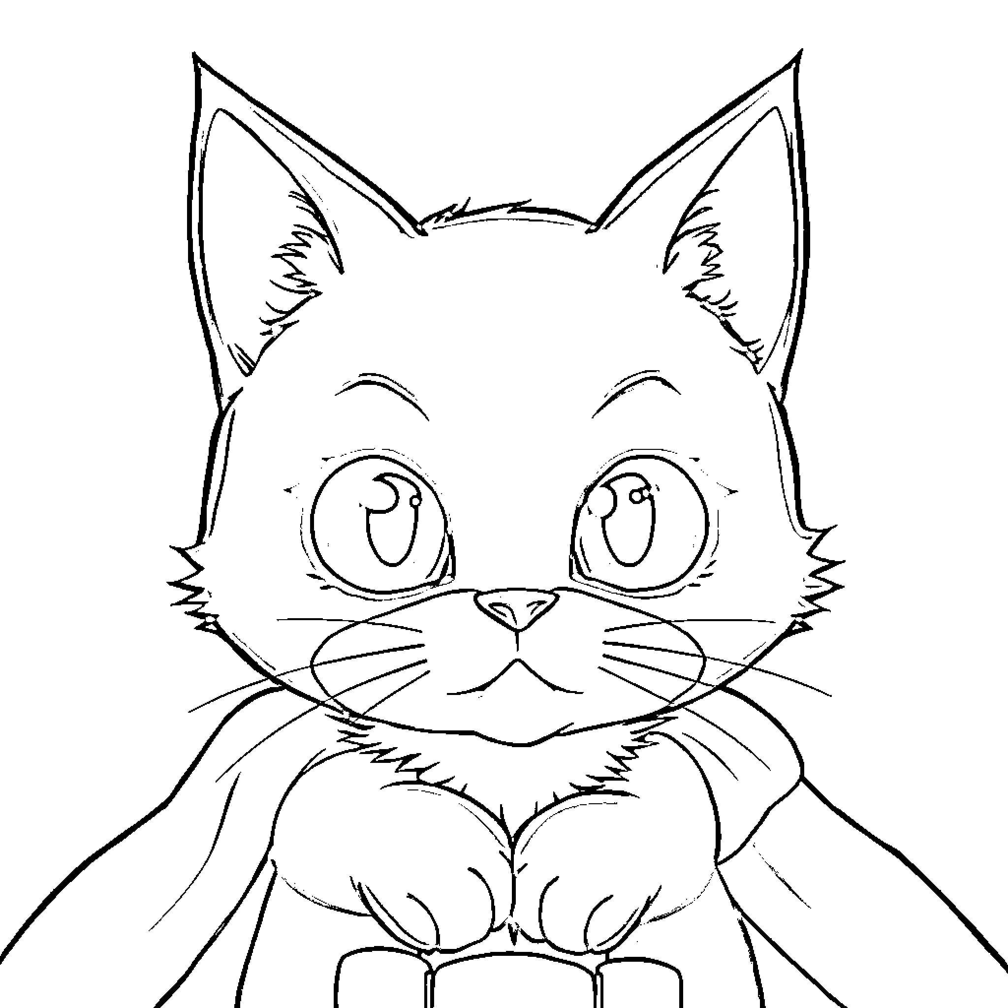 Cat with expressive eyes and pointy ears Coloring Page (free black-and-white line drawing printable PDF for all, from beginners to advanced learners, including children, teens, adults, and seniors)