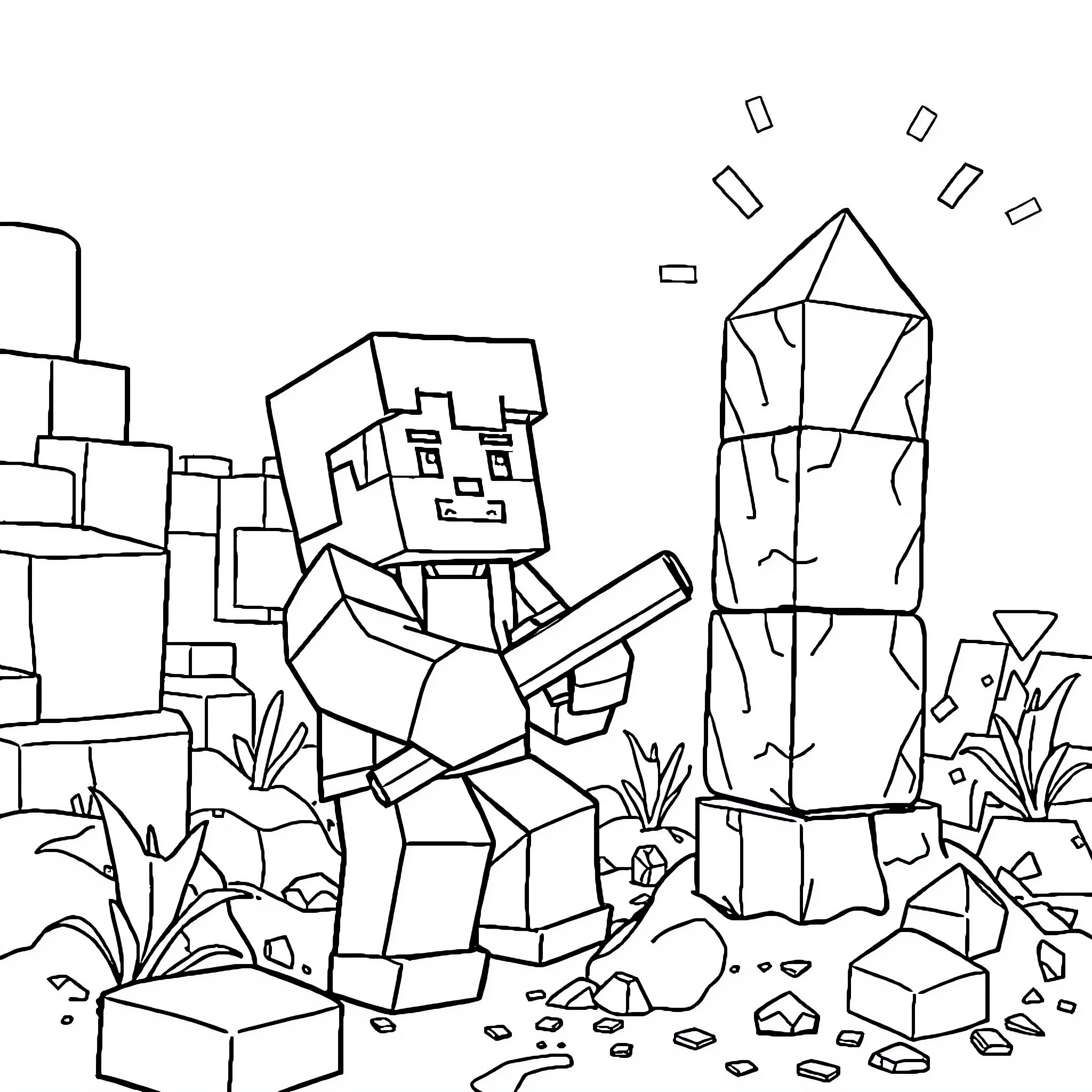 Steve explores the fantastical cube landscape Coloring Page (free black-and-white line drawing printable PDF for all, from beginners to advanced learners, including children, teens, adults, and seniors)
