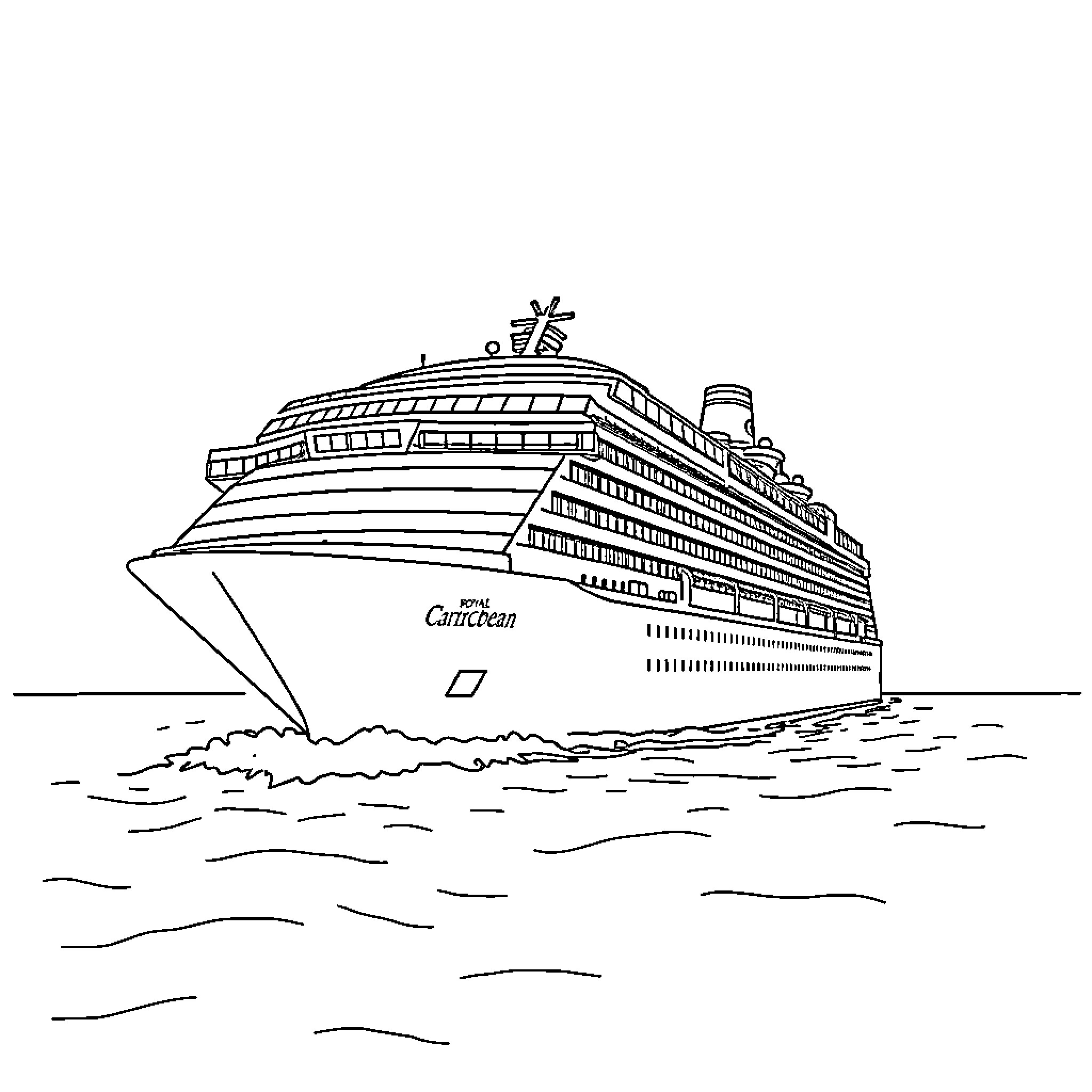 Cruise Ship Sailing Across the Open Waters Coloring Page (free black-and-white line drawing printable PDF for all, from beginners to advanced learners, including children, teens, adults, and seniors)