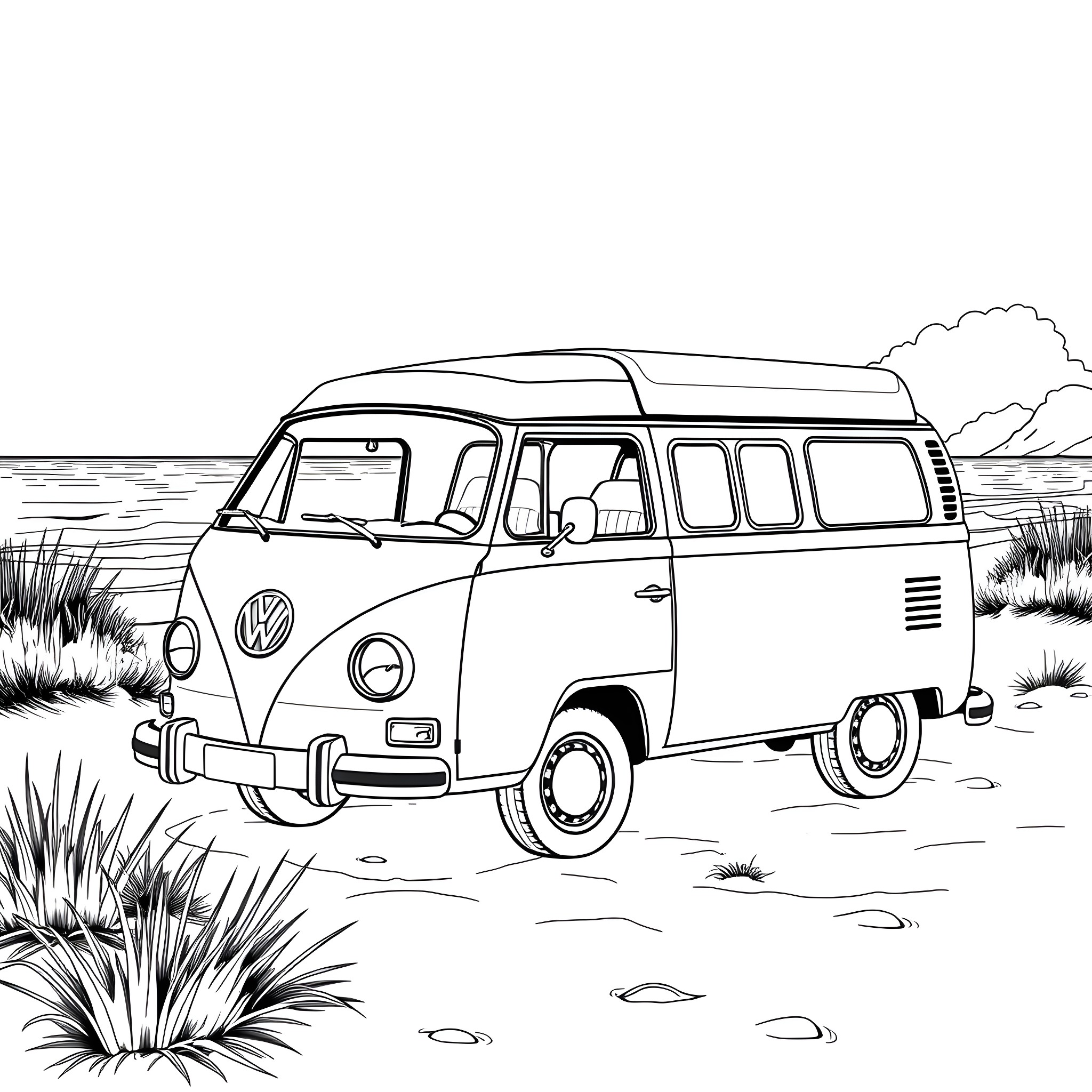 Volkswagen van parked in a natural setting Coloring Page (free black-and-white line drawing printable PDF for all, from beginners to advanced learners, including children, teens, adults, and seniors)