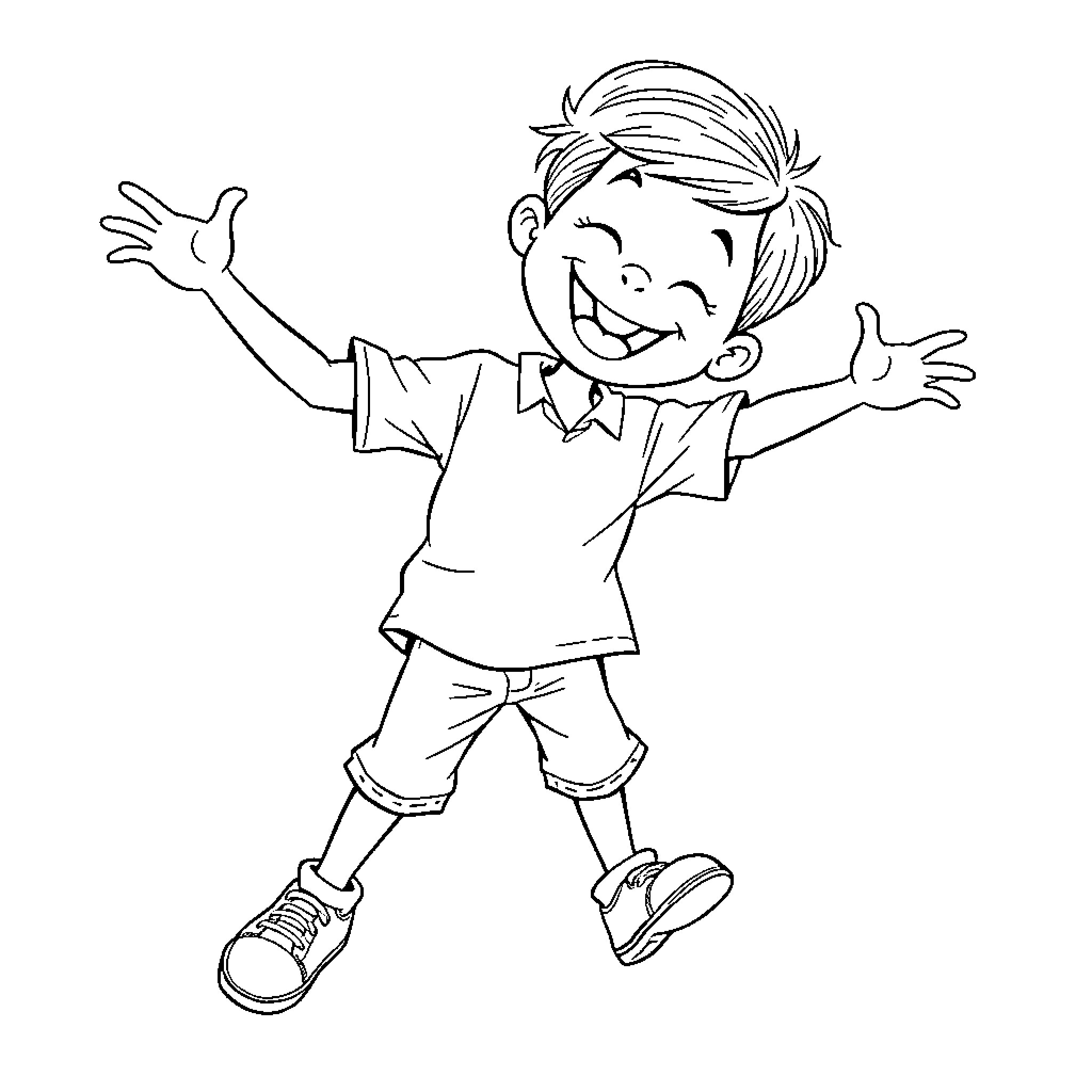 Kid joyfully celebrating with outstretched arms Coloring Page (free black-and-white line drawing printable PDF for all, from beginners to advanced learners, including children, teens, adults, and seniors)