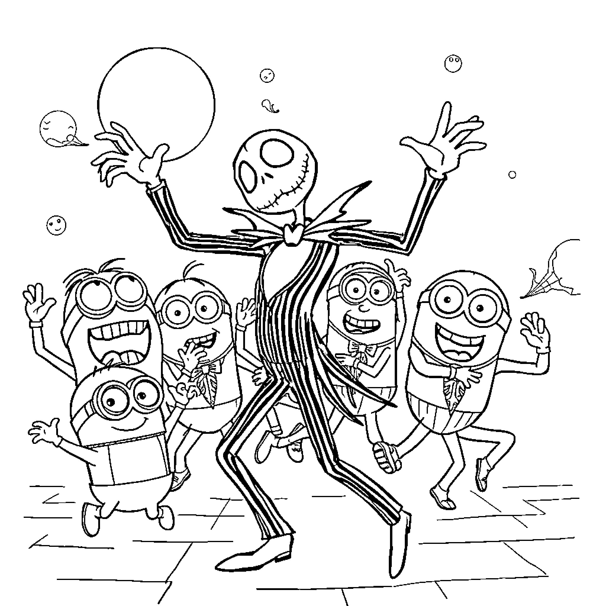 Jack Skellington and Minions dancing joyfully together Coloring Page (free black-and-white line drawing printable PDF for all, from beginners to advanced learners, including children, teens, adults, and seniors)