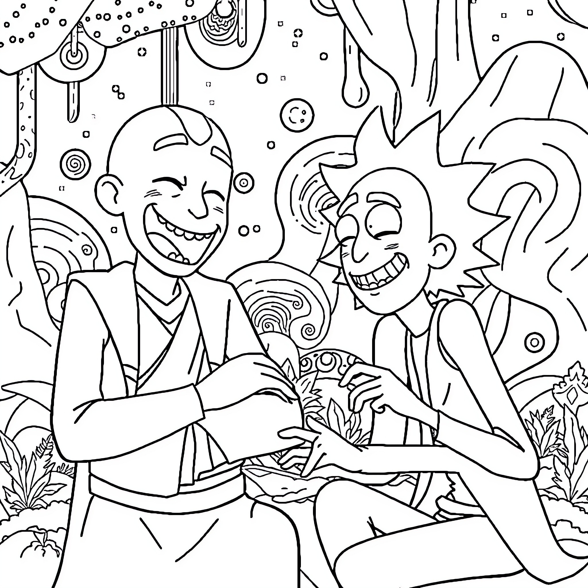 Avatar pair having a joyful celebration in a whimsical scene Coloring Page (free black-and-white line drawing printable PDF for all, from beginners to advanced learners, including children, teens, adults, and seniors)