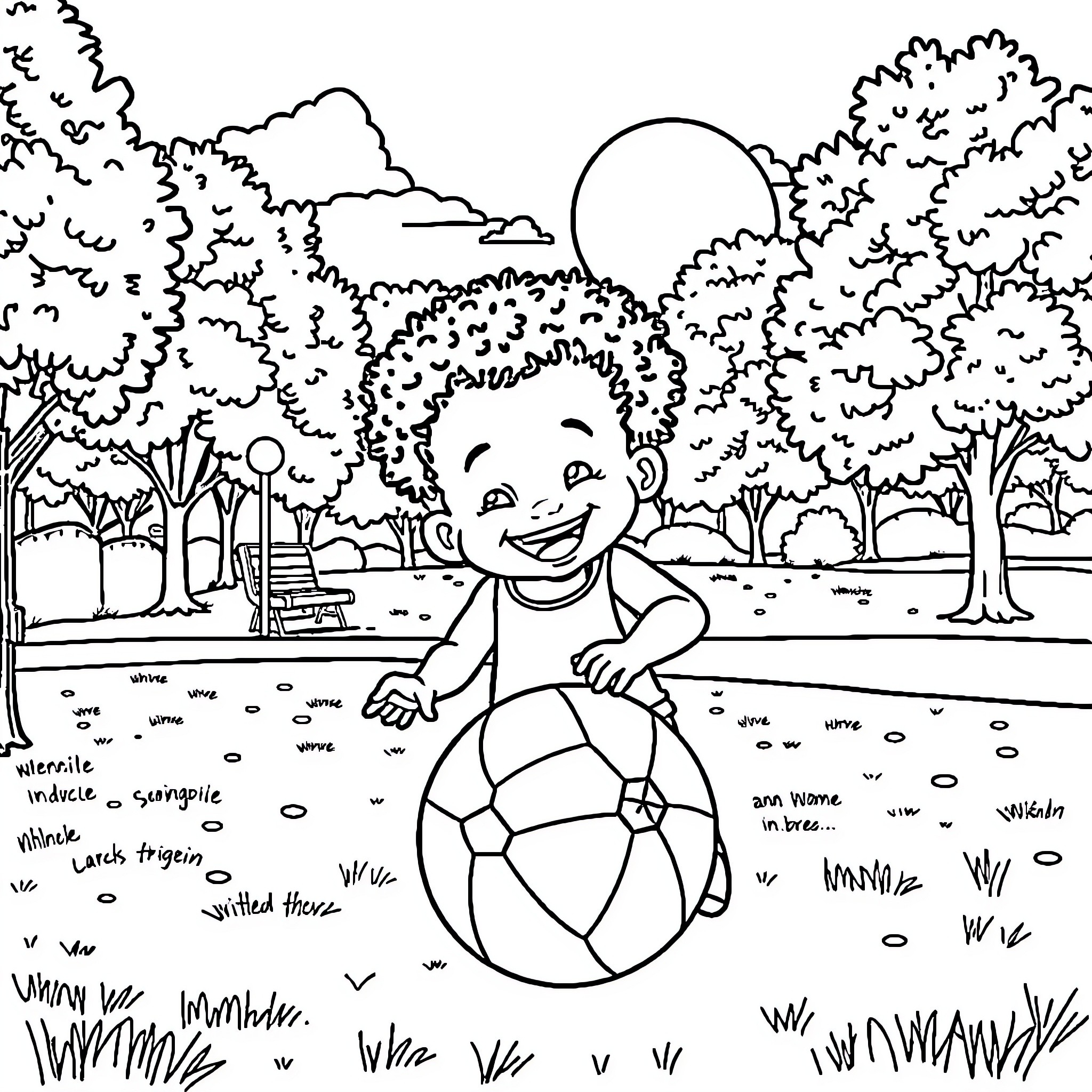 Child playing joyfully with a colorful ball in the park Coloring Page (free black-and-white line drawing printable PDF for all, from beginners to advanced learners, including children, teens, adults, and seniors)