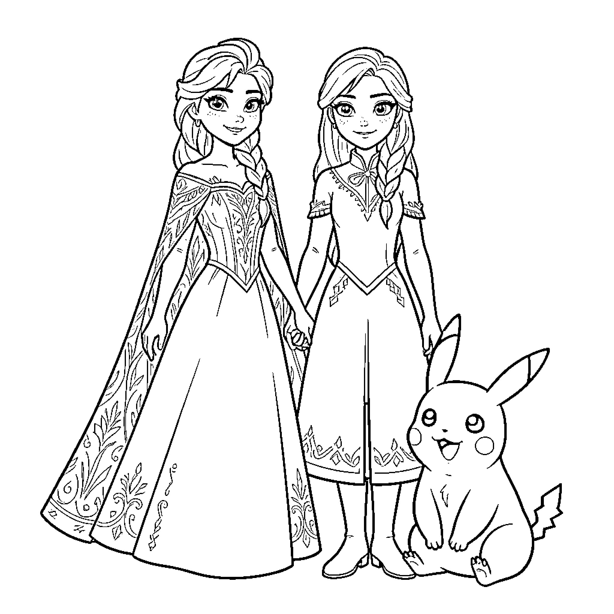 Elsa standing with friends and a small creature Coloring Page (free black-and-white line drawing printable PDF for all, from beginners to advanced learners, including children, teens, adults, and seniors)