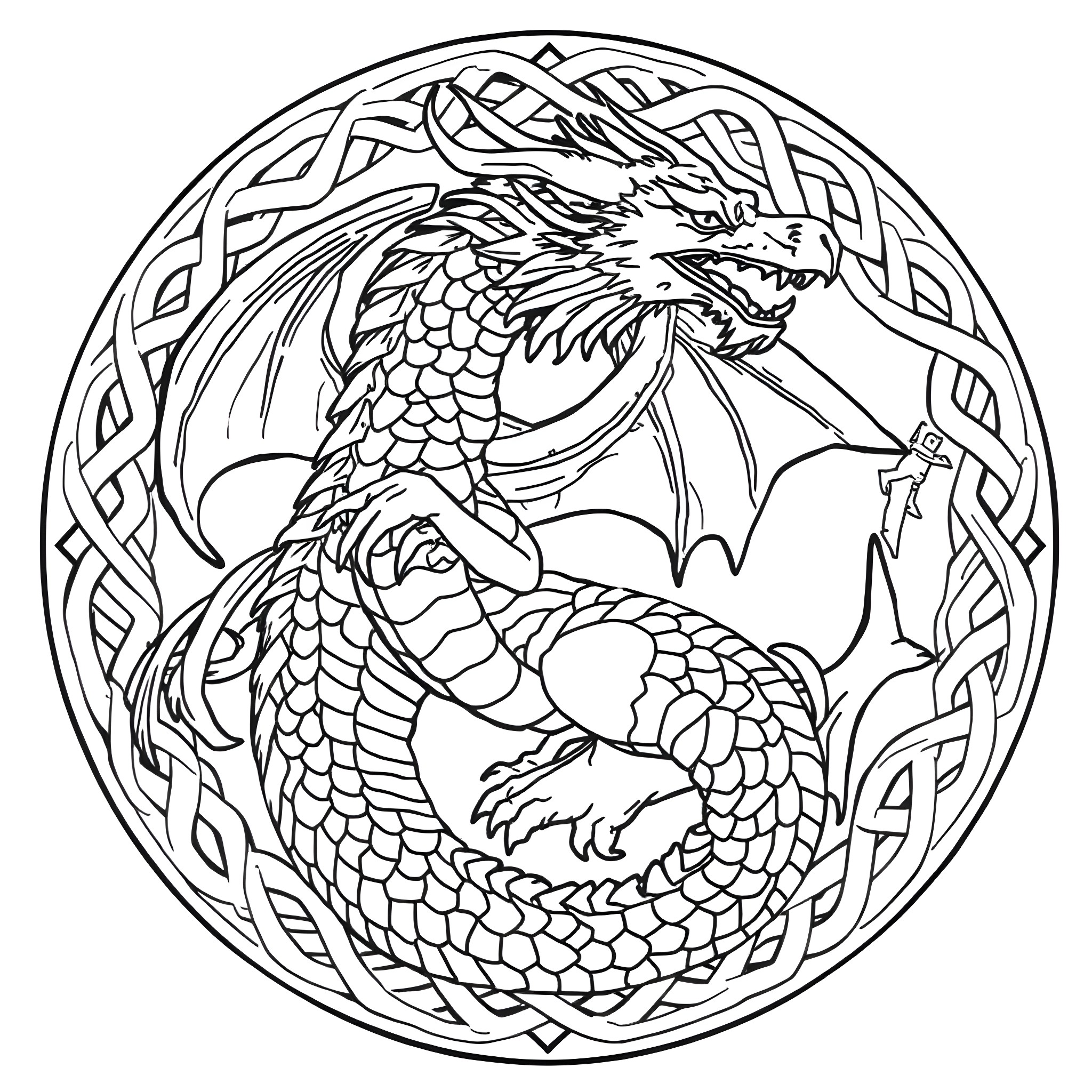 Dragon protecting its treasure in a Celtic circle Coloring Page (free black-and-white line drawing printable PDF for all, from beginners to advanced learners, including children, teens, adults, and seniors)