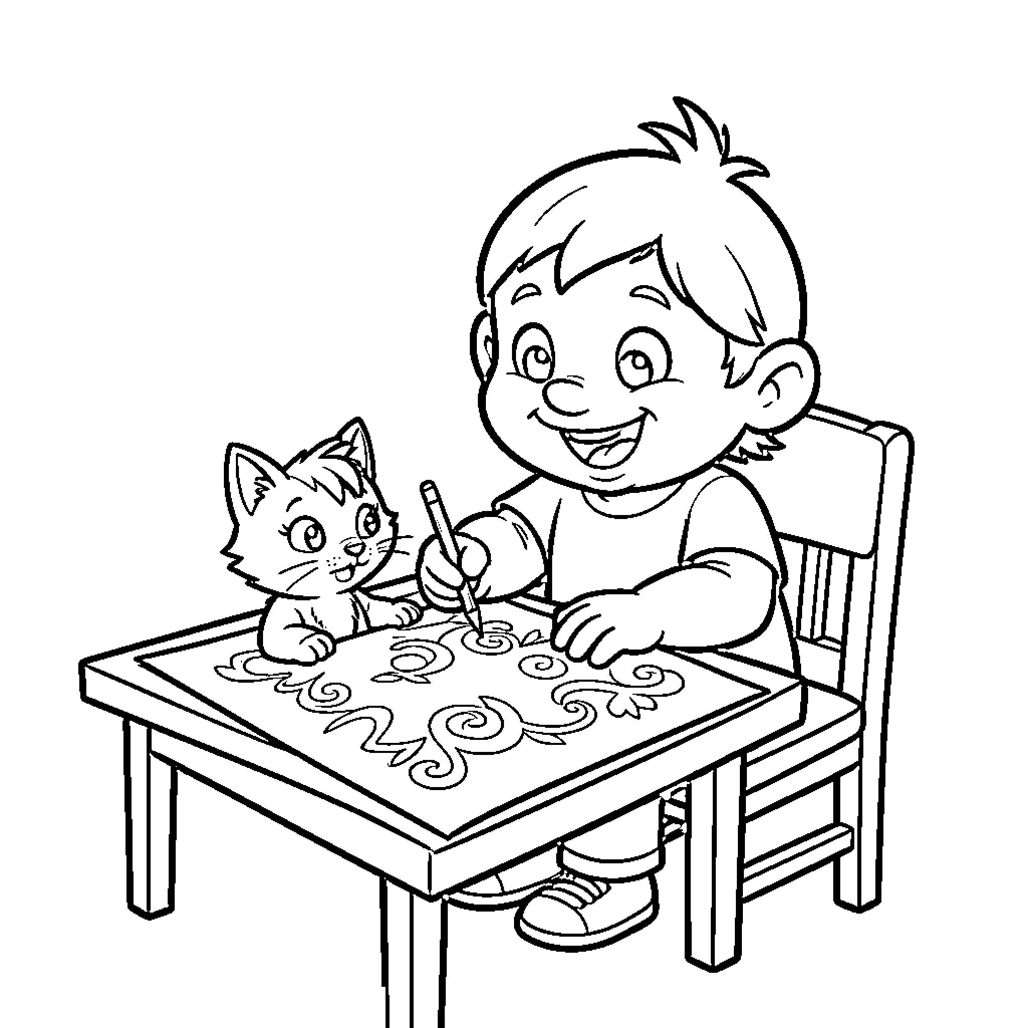 Piolin drawing with a cat by his side Coloring Page (free black-and-white line drawing printable PDF for all, from beginners to advanced learners, including children, teens, adults, and seniors)