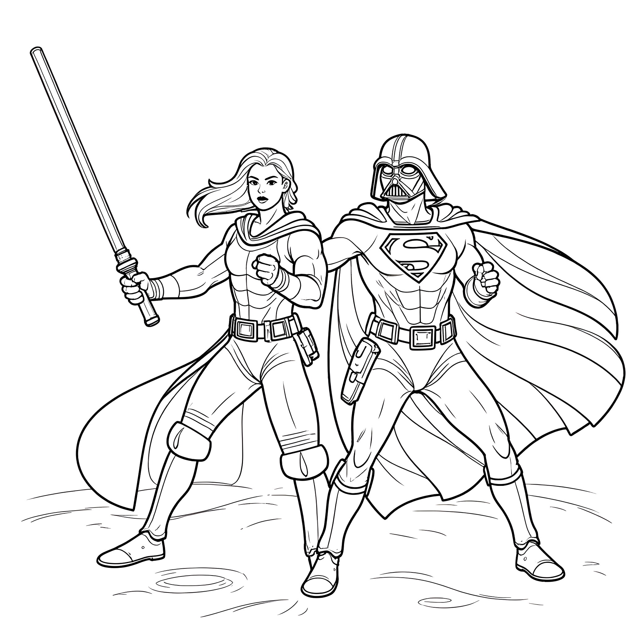 Superman and Darth Vader in epic battle Coloring Page (free black-and-white line drawing printable PDF for all, from beginners to advanced learners, including children, teens, adults, and seniors)
