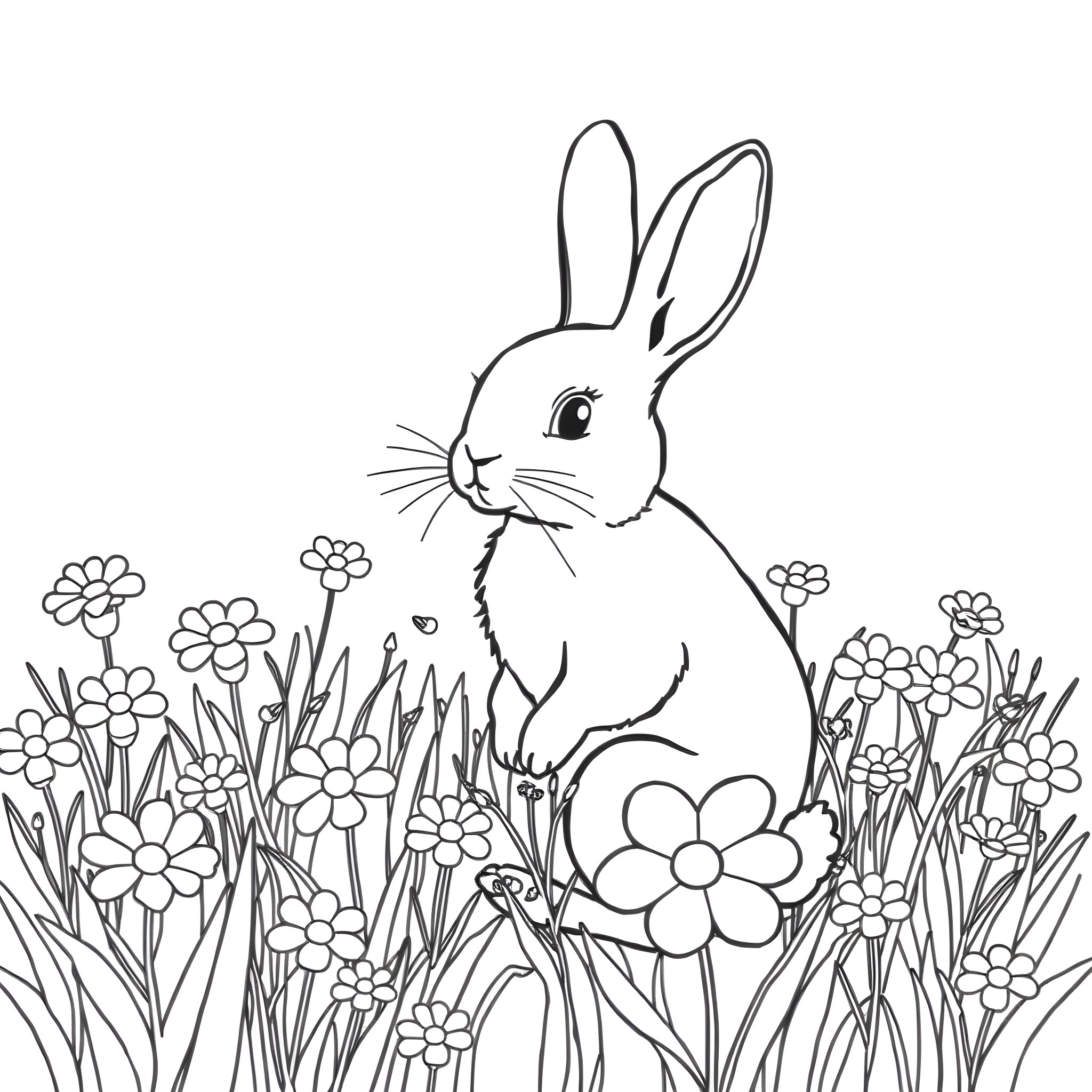 Bunny surrounded by flowers in the garden Coloring Page (free black-and-white line drawing printable PDF for all, from beginners to advanced learners, including children, teens, adults, and seniors)
