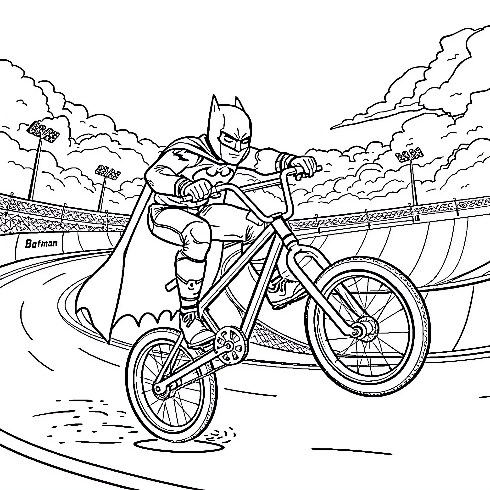 Batman riding a bicycle in an action-packed scene Coloring Page (free black-and-white line drawing printable PDF for all, from beginners to advanced learners, including children, teens, adults, and seniors)