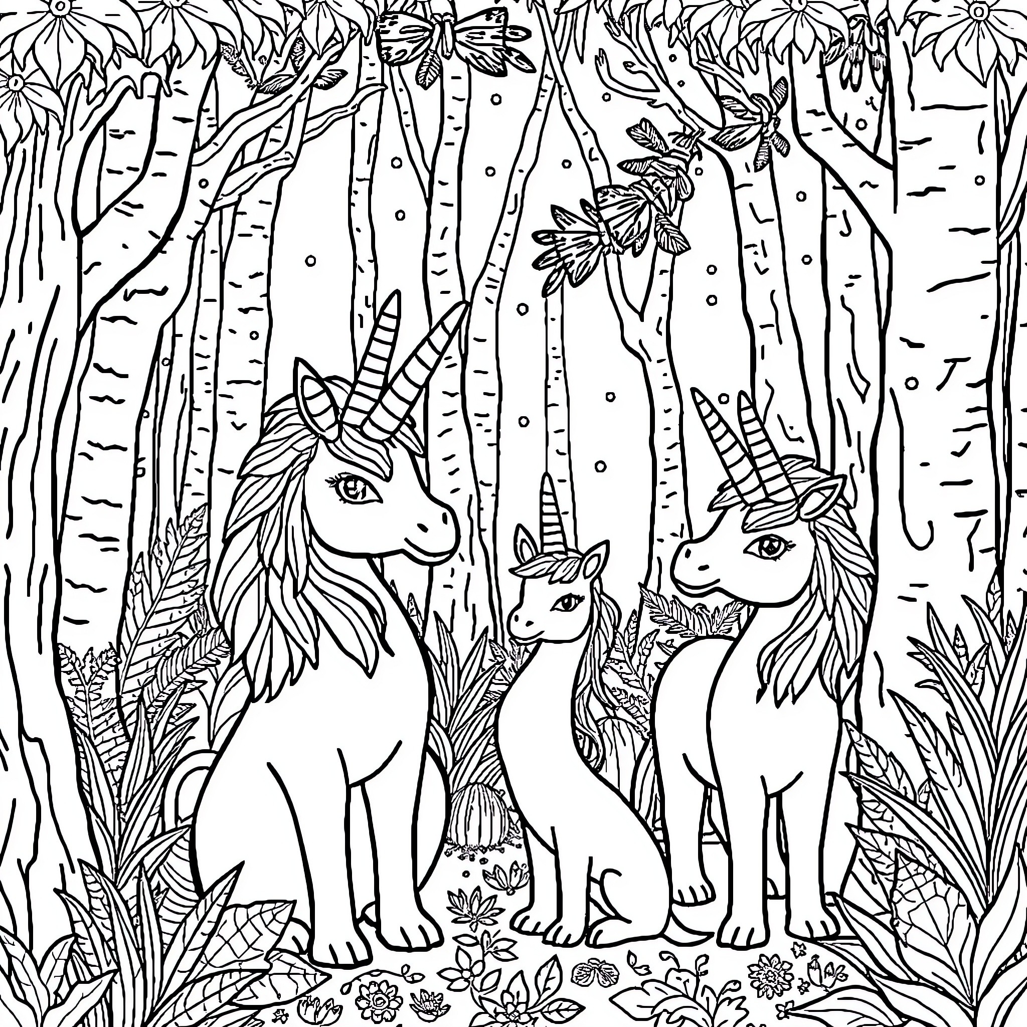 Unicorn family enjoying the enchanted forest Coloring Page (free black-and-white line drawing printable PDF for all, from beginners to advanced learners, including children, teens, adults, and seniors)
