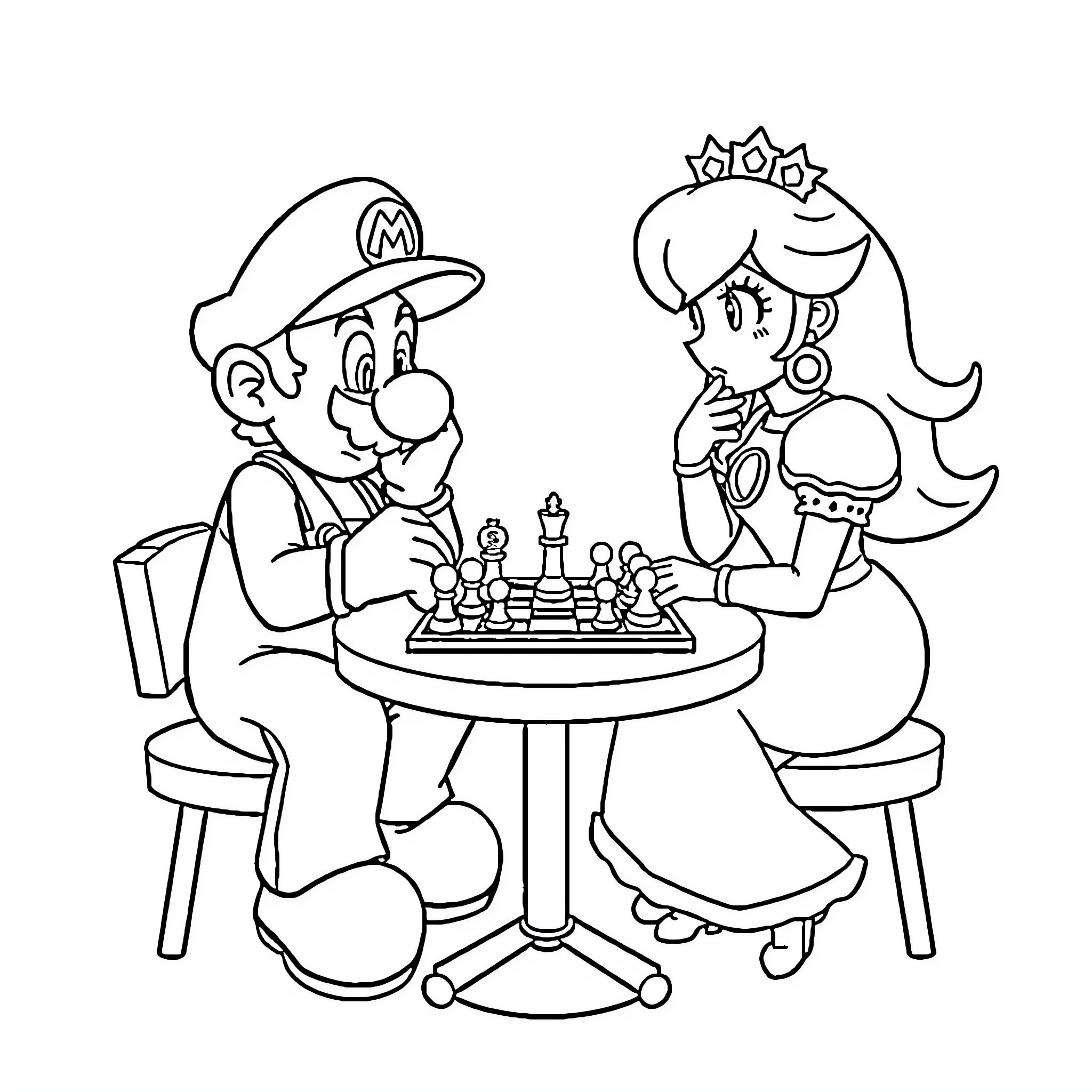 Mario and Princess Playing Chess Joyfully Coloring Page (free black-and-white line drawing printable PDF for all, from beginners to advanced learners, including children, teens, adults, and seniors)