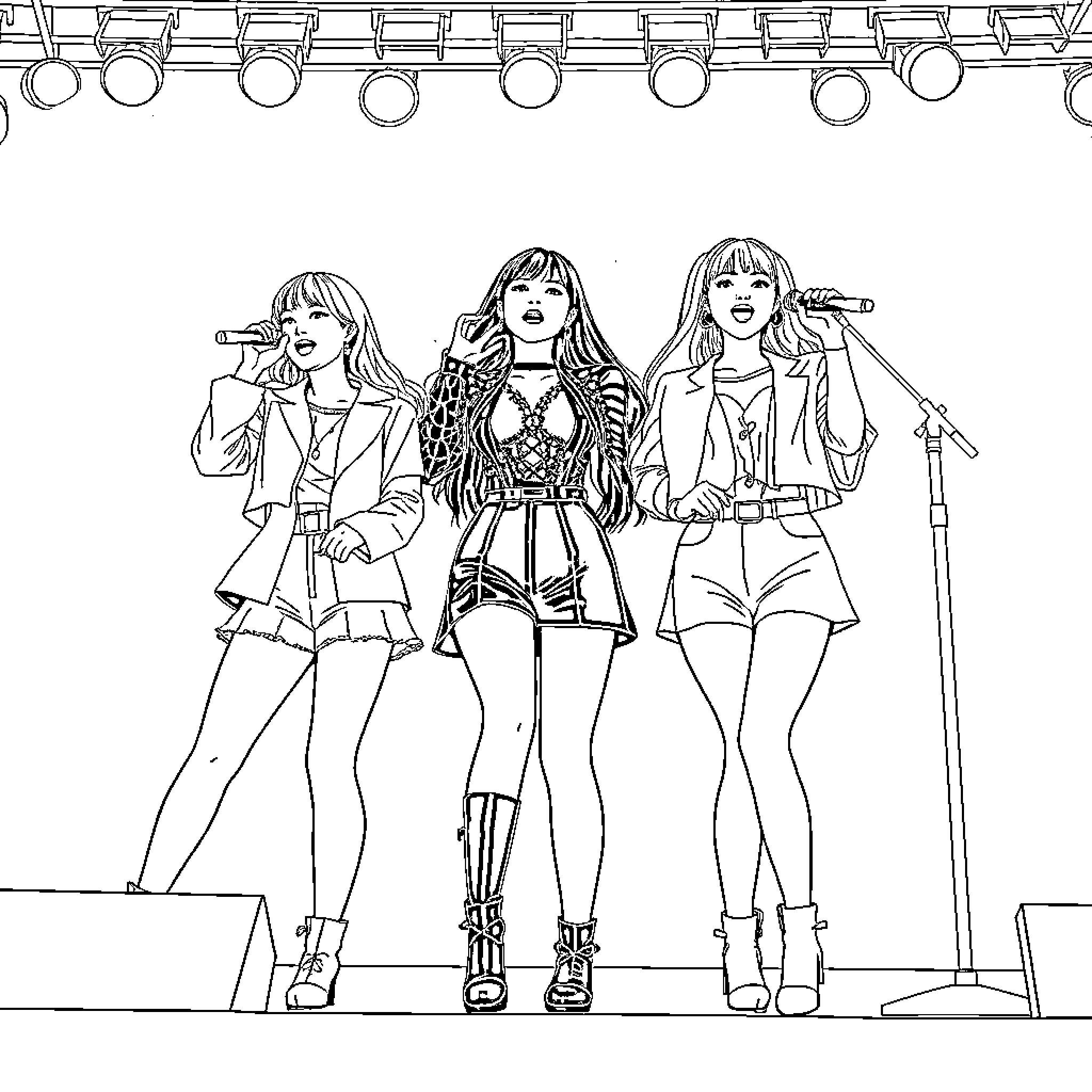 K Pop Performers Showcasing Vibrant Outfits and Energetic Expressions Coloring Page (free black-and-white line drawing printable PDF for all, from beginners to advanced learners, including children, teens, adults, and seniors)