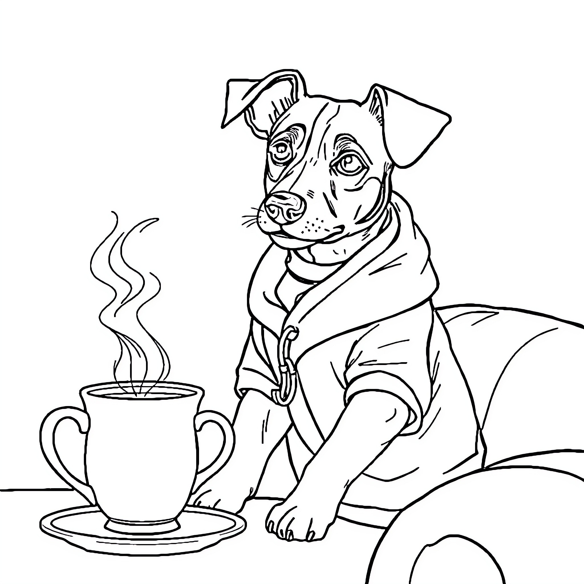 Jack Russell enjoying a hot beverage Coloring Page (free black-and-white line drawing printable PDF for all, from beginners to advanced learners, including children, teens, adults, and seniors)