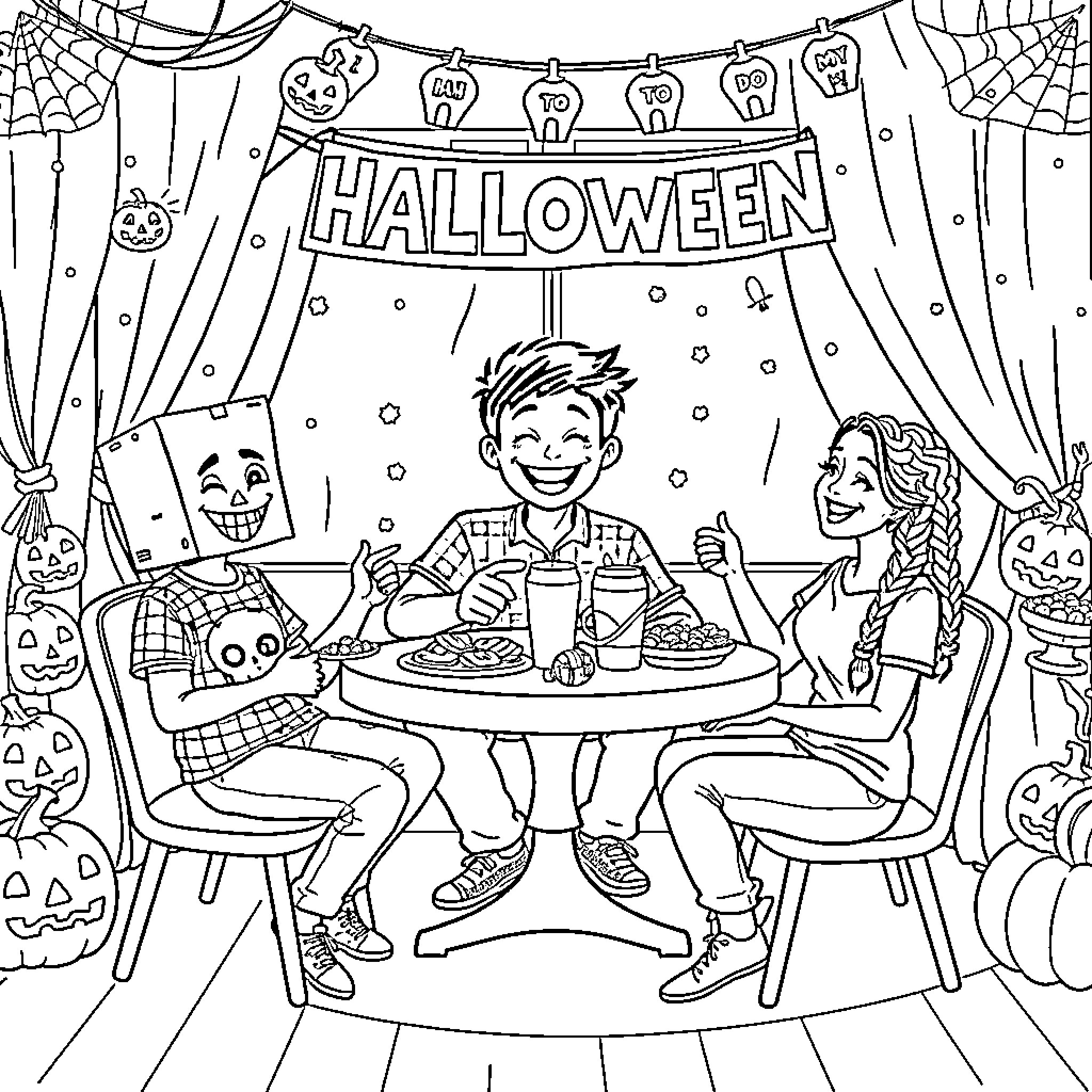 Friends enjoying a Halloween party Coloring Page (free black-and-white line drawing printable PDF for all, from beginners to advanced learners, including children, teens, adults, and seniors)