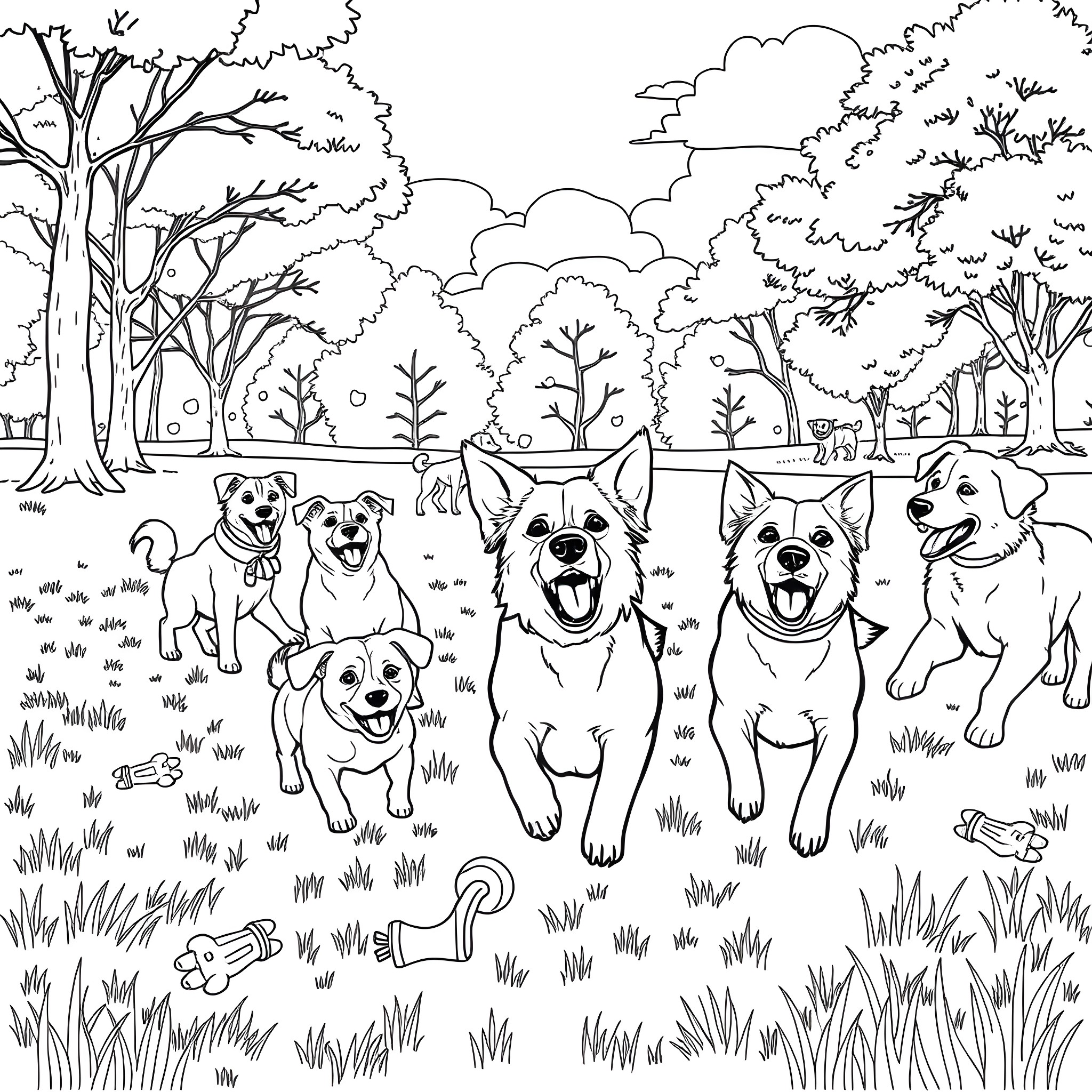 Dogs playing happily in the park Coloring Page (free black-and-white line drawing printable PDF for all, from beginners to advanced learners, including children, teens, adults, and seniors)