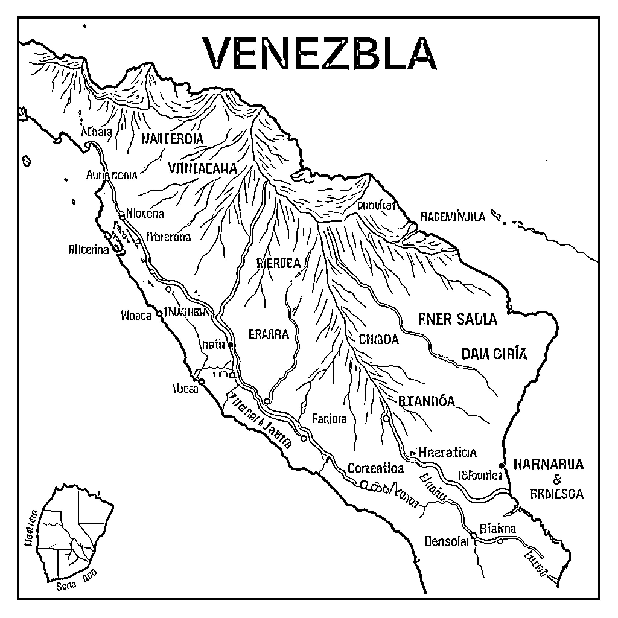 Map of major geographical features in Venezuela Coloring Page (free black-and-white line drawing printable PDF for all, from beginners to advanced learners, including children, teens, adults, and seniors)