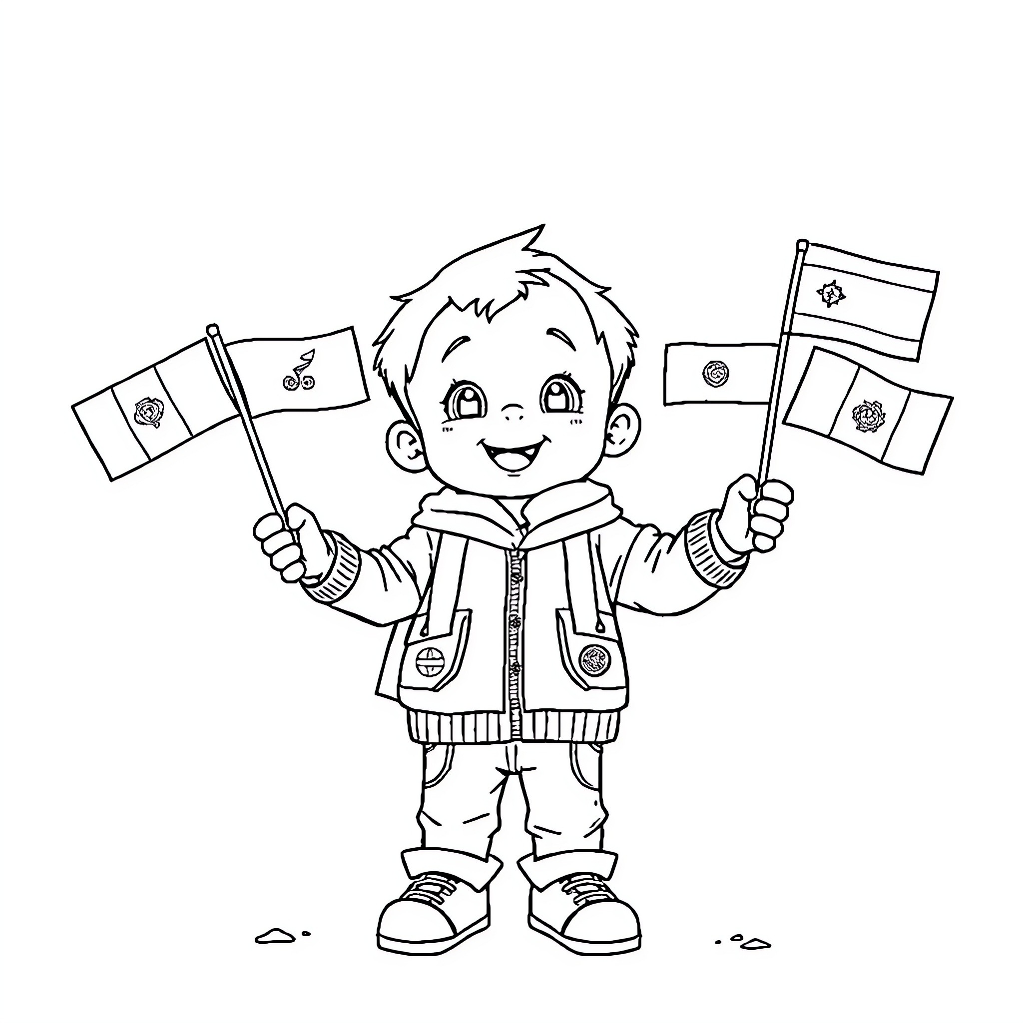 Niño holding Israeli flags happily Coloring Page (free black-and-white line drawing printable PDF for all, from beginners to advanced learners, including children, teens, adults, and seniors)
