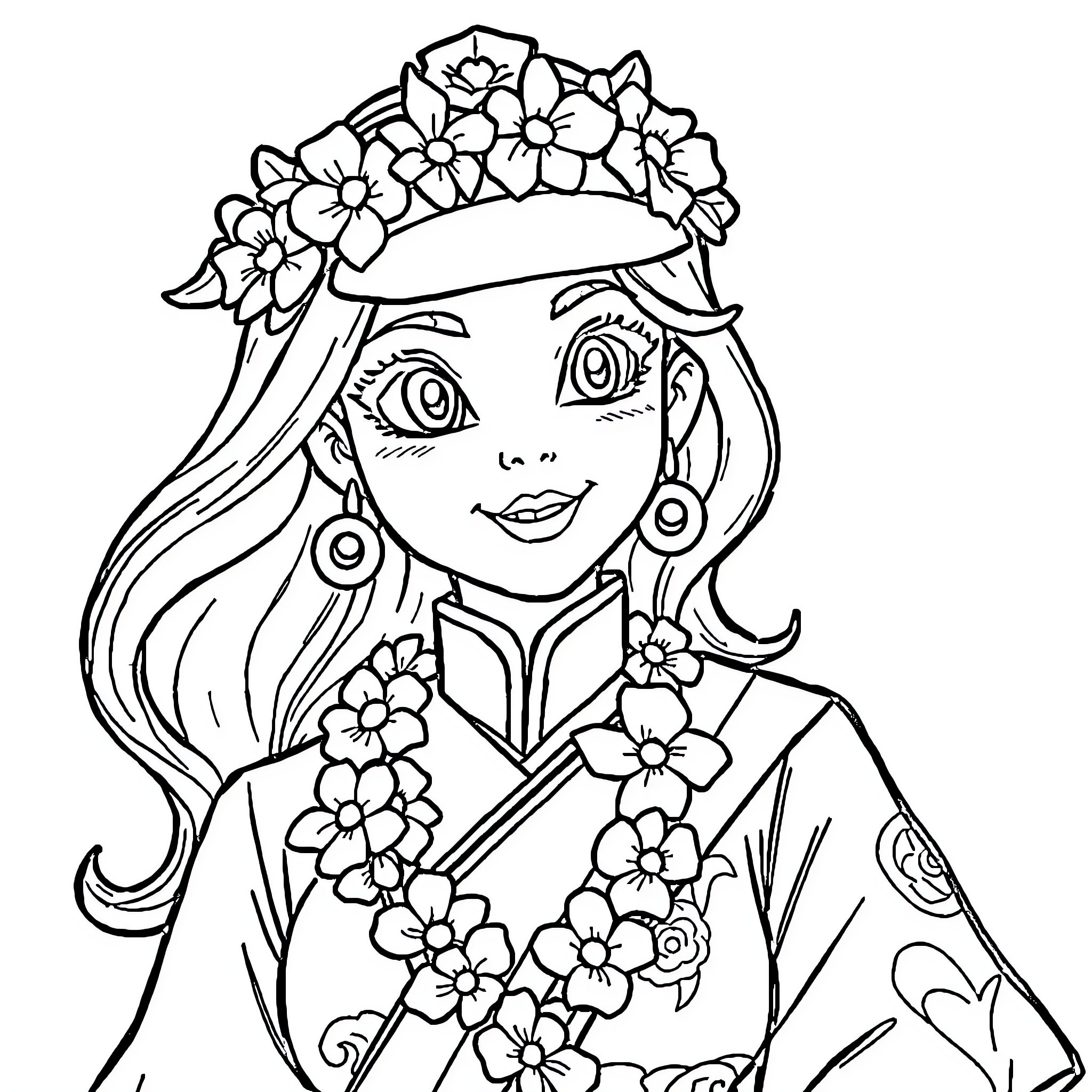 Stella's Floral Fiesta of Happiness Coloring Page (free black-and-white line drawing printable PDF for all, from beginners to advanced learners, including children, teens, adults, and seniors)
