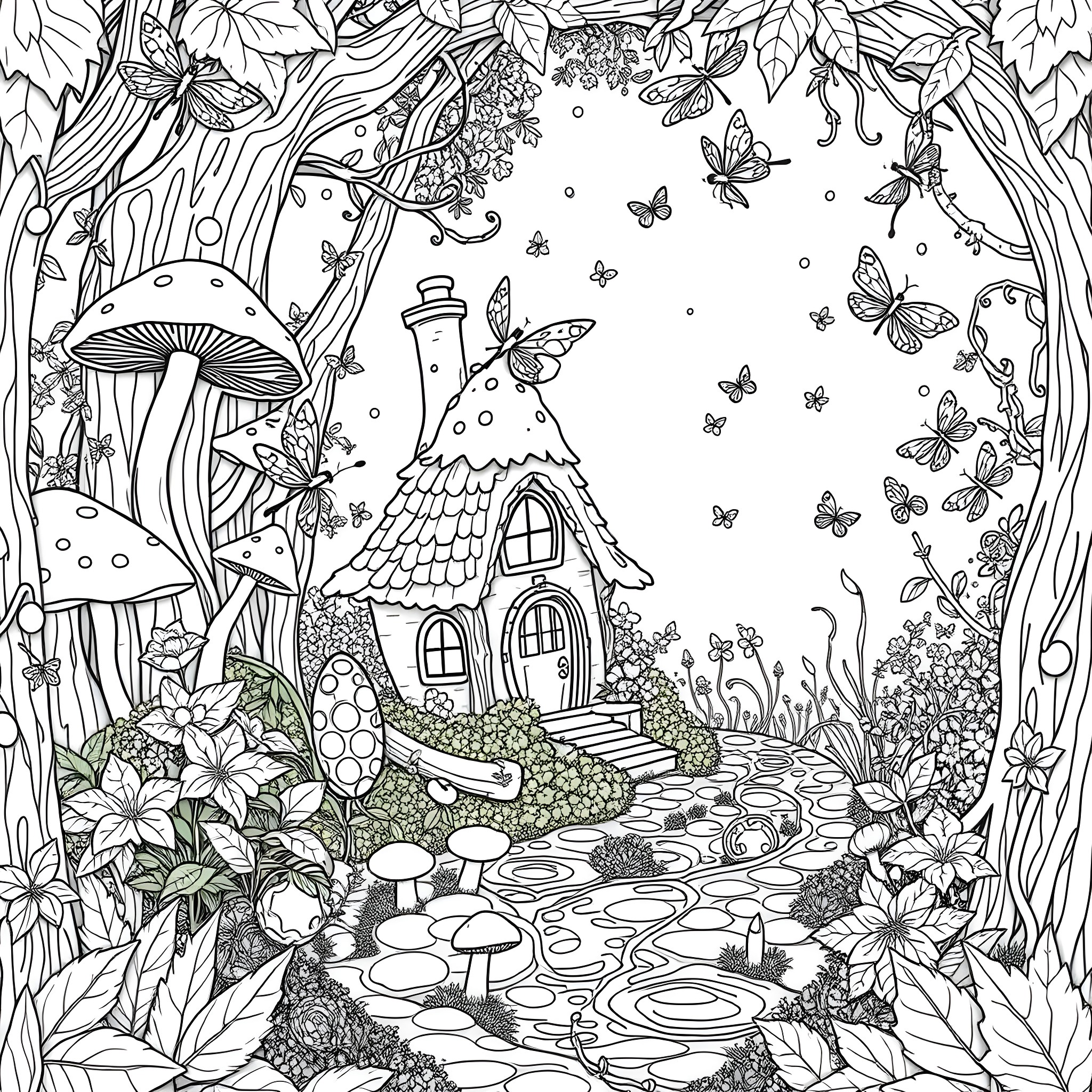 Fairy Tale Cottage in Enchanted Forest Coloring Page (free black-and-white line drawing printable PDF for all, from beginners to advanced learners, including children, teens, adults, and seniors)