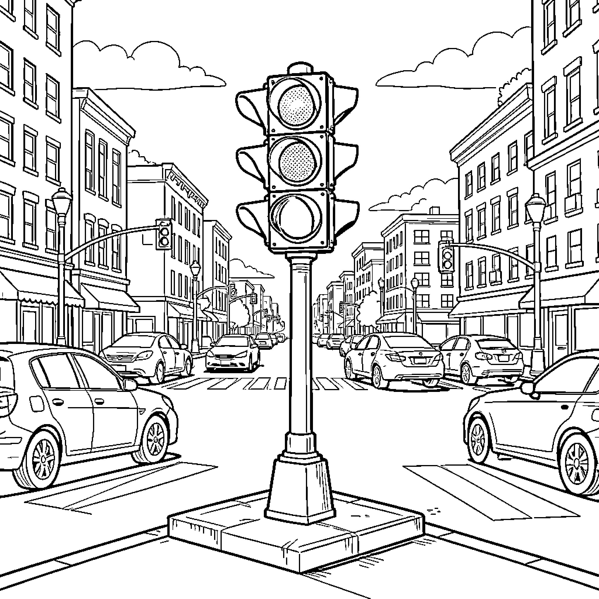 Traffic Light standing amidst a busy city street scene Coloring Page (free black-and-white line drawing printable PDF for all, from beginners to advanced learners, including children, teens, adults, and seniors)