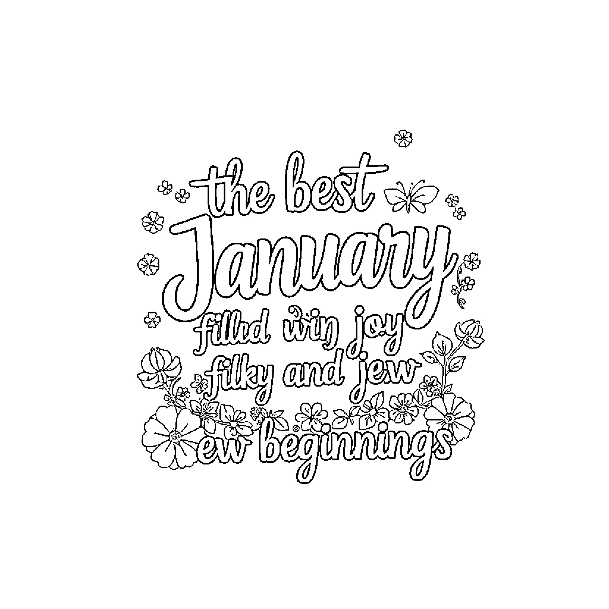 January filled with joyful and new beginnings Coloring Page (free black-and-white line drawing printable PDF for all, from beginners to advanced learners, including children, teens, adults, and seniors)