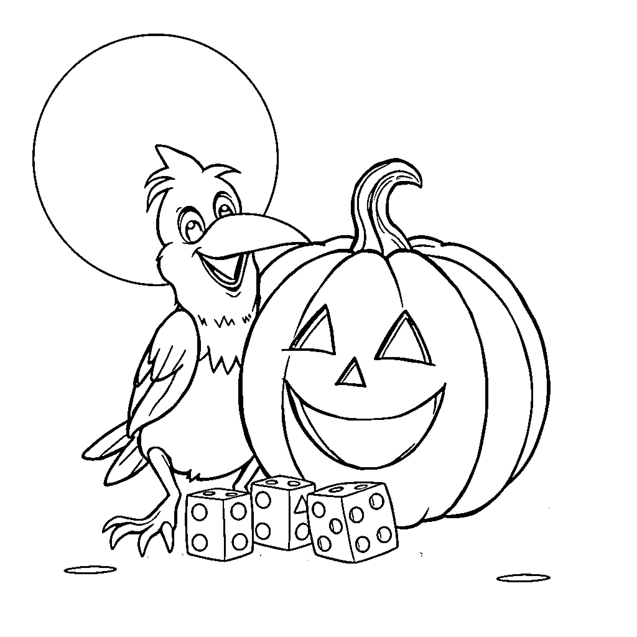 Pumpkin with a friendly bird in the moonlight Coloring Page (free black-and-white line drawing printable PDF for all, from beginners to advanced learners, including children, teens, adults, and seniors)