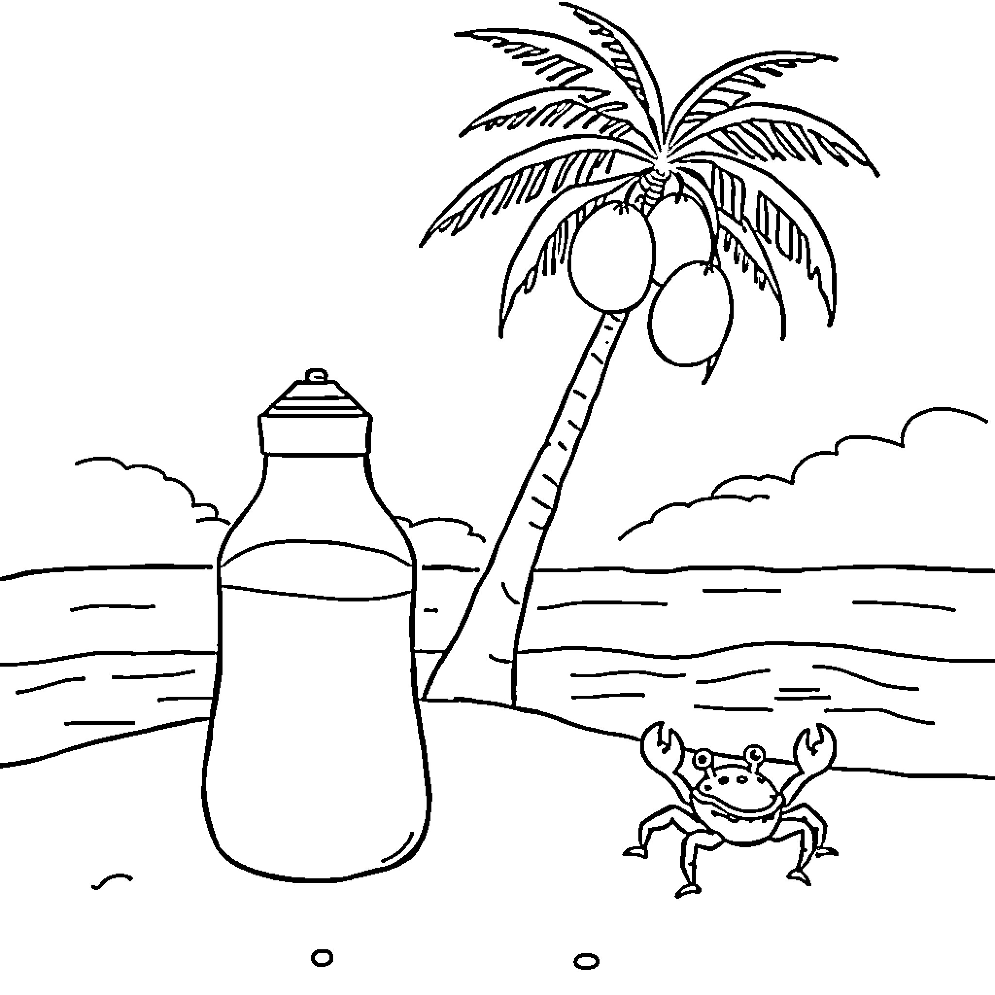 Baby Bottle on the Beach with Crab and Palm Tree Coloring Page (free black-and-white line drawing printable PDF for all, from beginners to advanced learners, including children, teens, adults, and seniors)