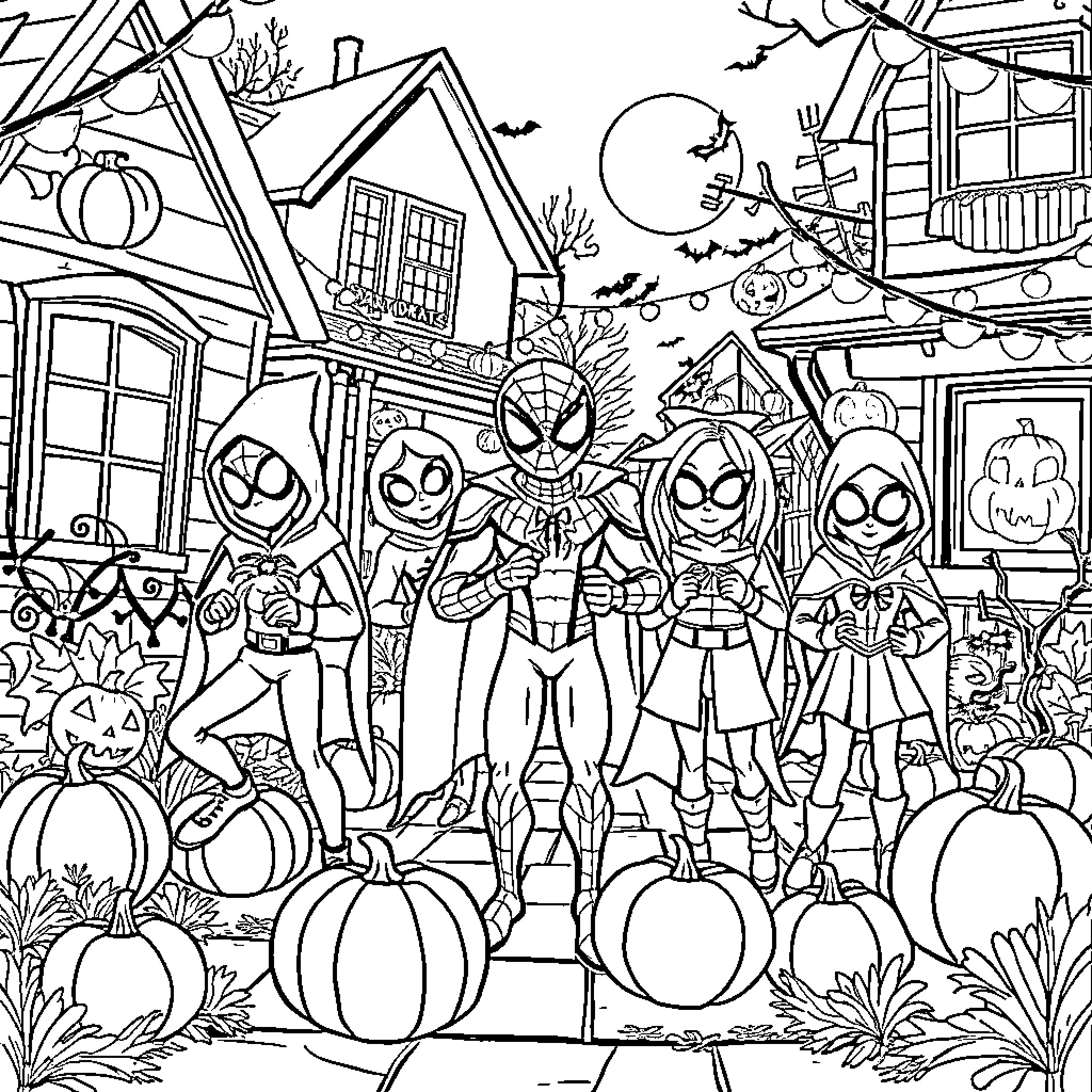 Spidey and friends celebrating Halloween in the neighborhood Coloring Page (free black-and-white line drawing printable PDF for all, from beginners to advanced learners, including children, teens, adults, and seniors)