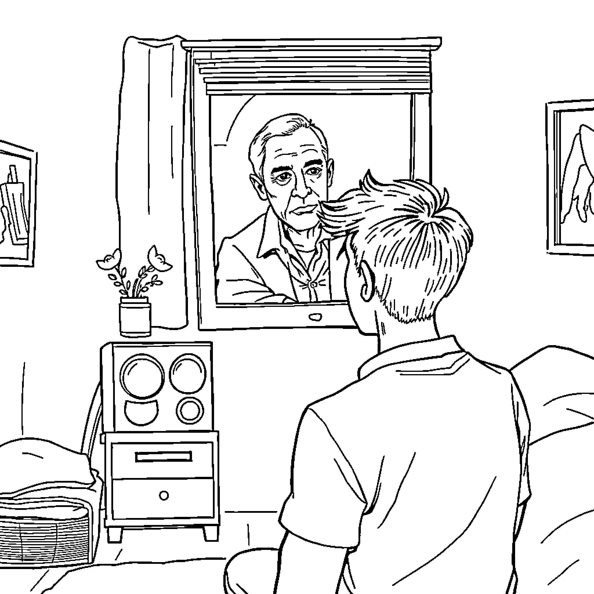 Guy looking at framed picture in home Coloring Page (free black-and-white line drawing printable PDF for all, from beginners to advanced learners, including children, teens, adults, and seniors)