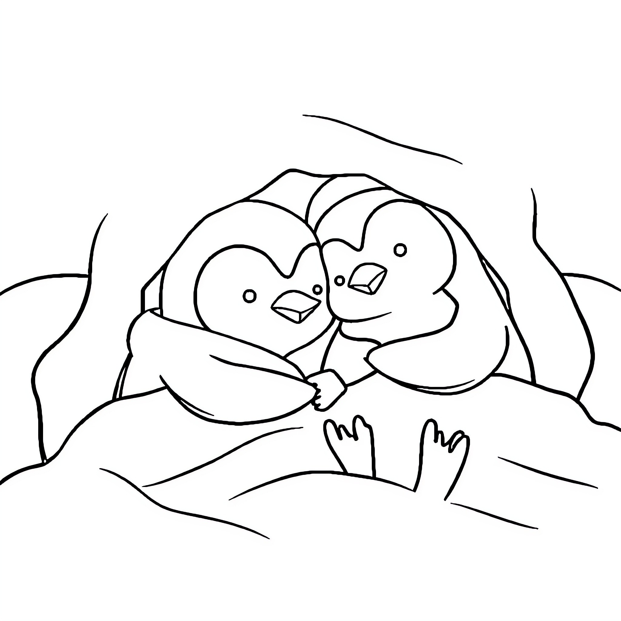 Penguins cuddling in the snow Coloring Page (free black-and-white line drawing printable PDF for all, from beginners to advanced learners, including children, teens, adults, and seniors)