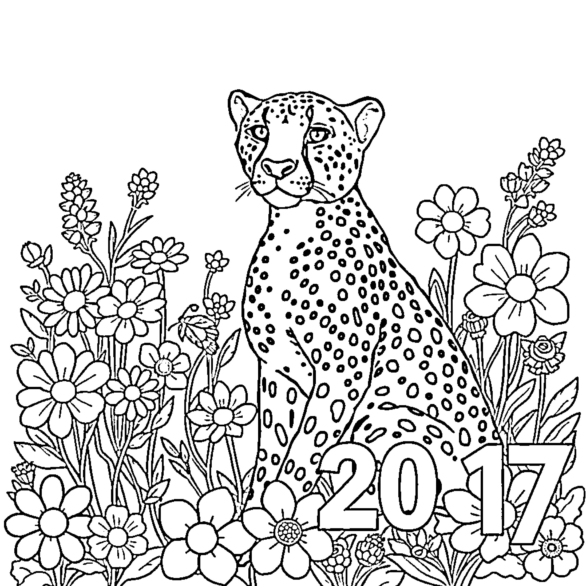 Cheetah surrounded by vibrant flowers and 2017 Coloring Page (free black-and-white line drawing printable PDF for all, from beginners to advanced learners, including children, teens, adults, and seniors)