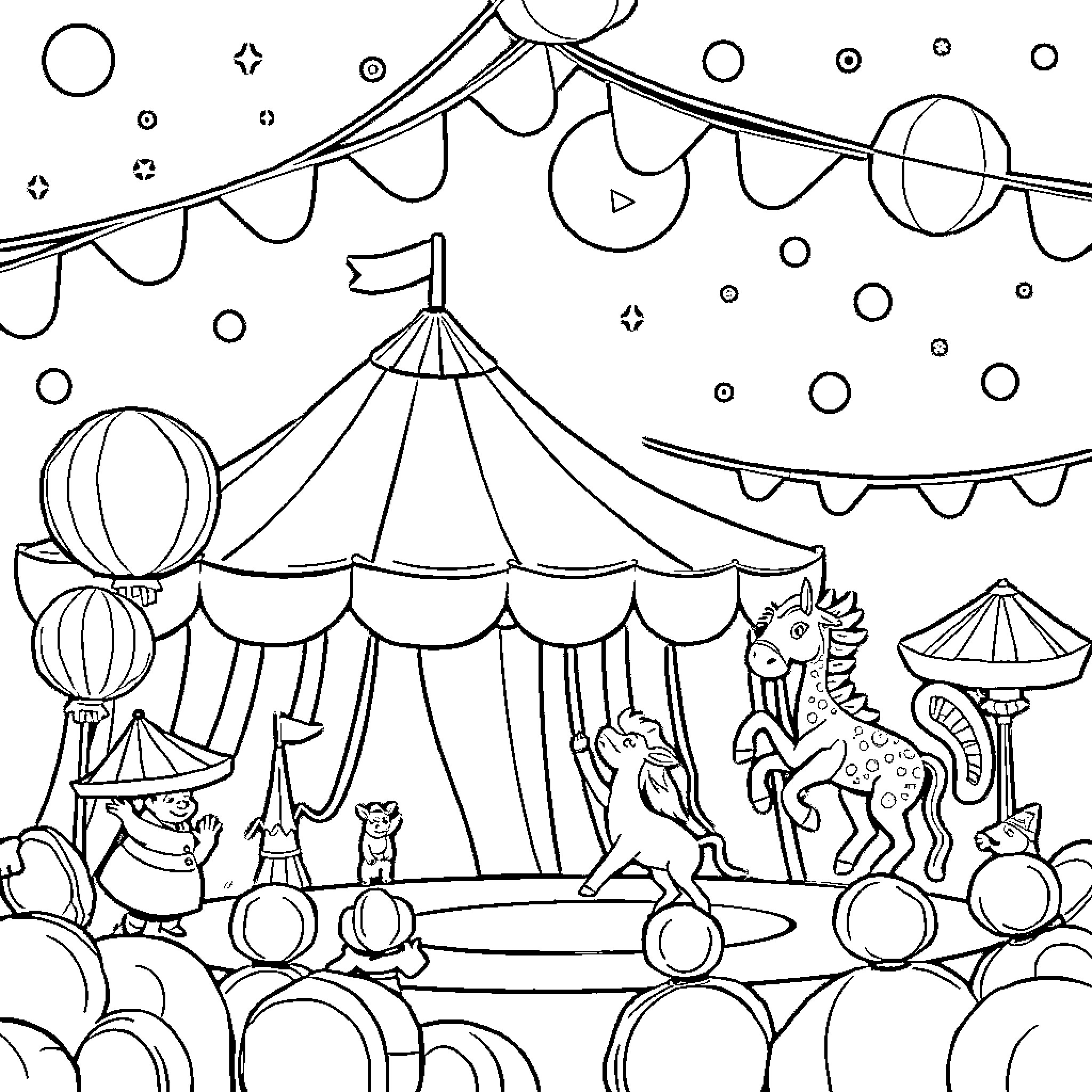 Circus of Excitement and Wonder Coloring Page (free black-and-white line drawing printable PDF for all, from beginners to advanced learners, including children, teens, adults, and seniors)