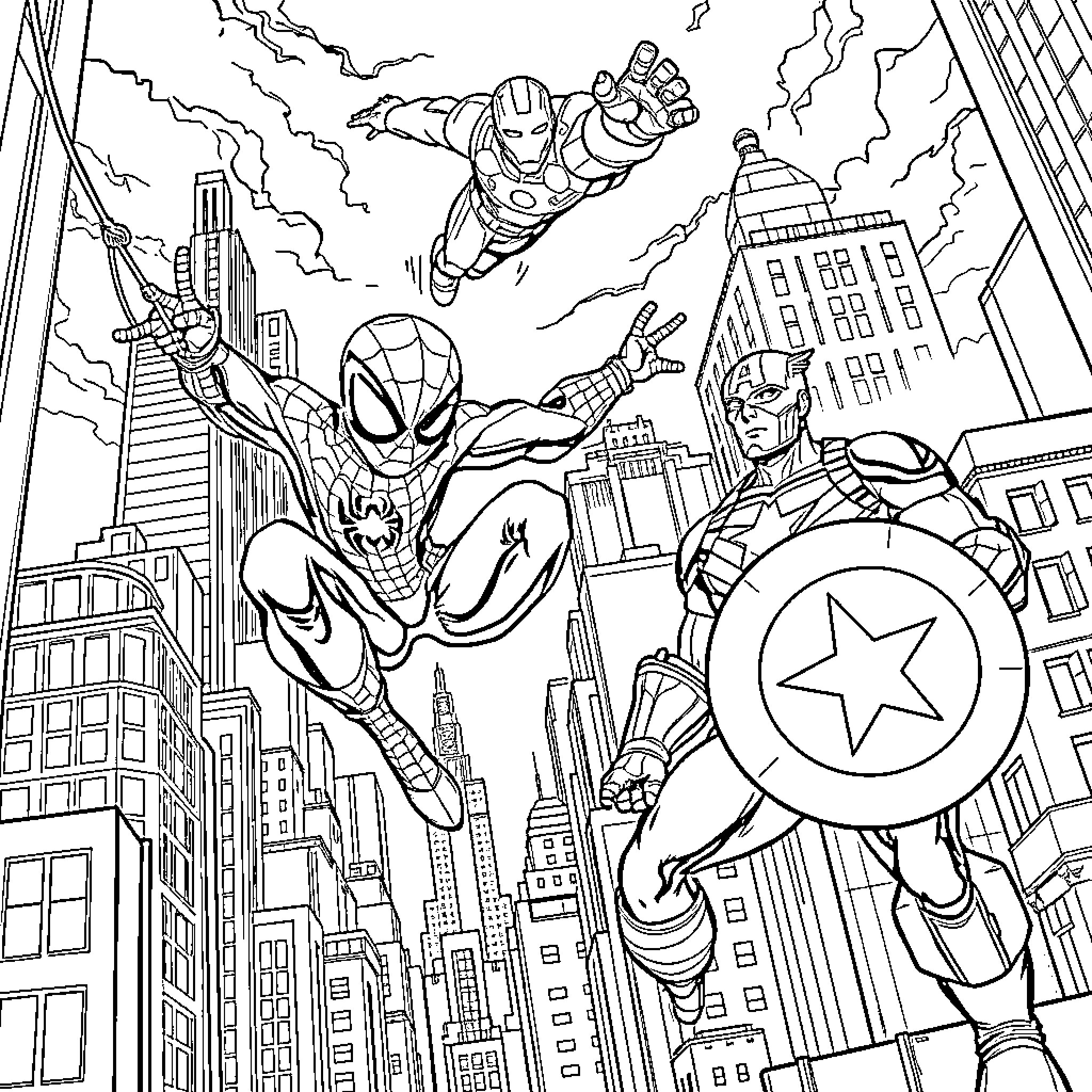 Spidey, Iron Man, and Captain America in epic superhero action Coloring Page (free black-and-white line drawing printable PDF for all, from beginners to advanced learners, including children, teens, adults, and seniors)