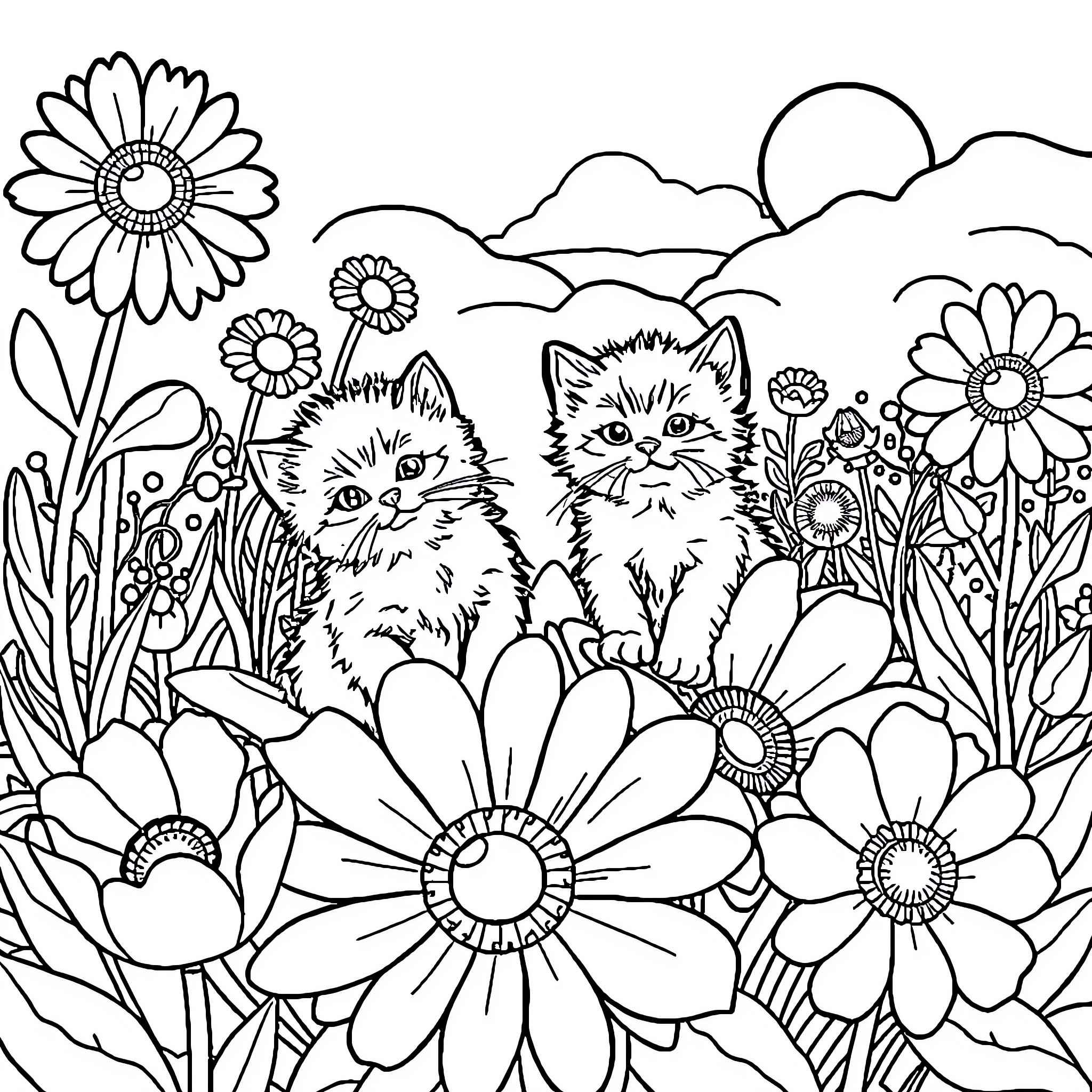 Kittens surrounded by blooming flowers in nature Coloring Page (free black-and-white line drawing printable PDF for all, from beginners to advanced learners, including children, teens, adults, and seniors)