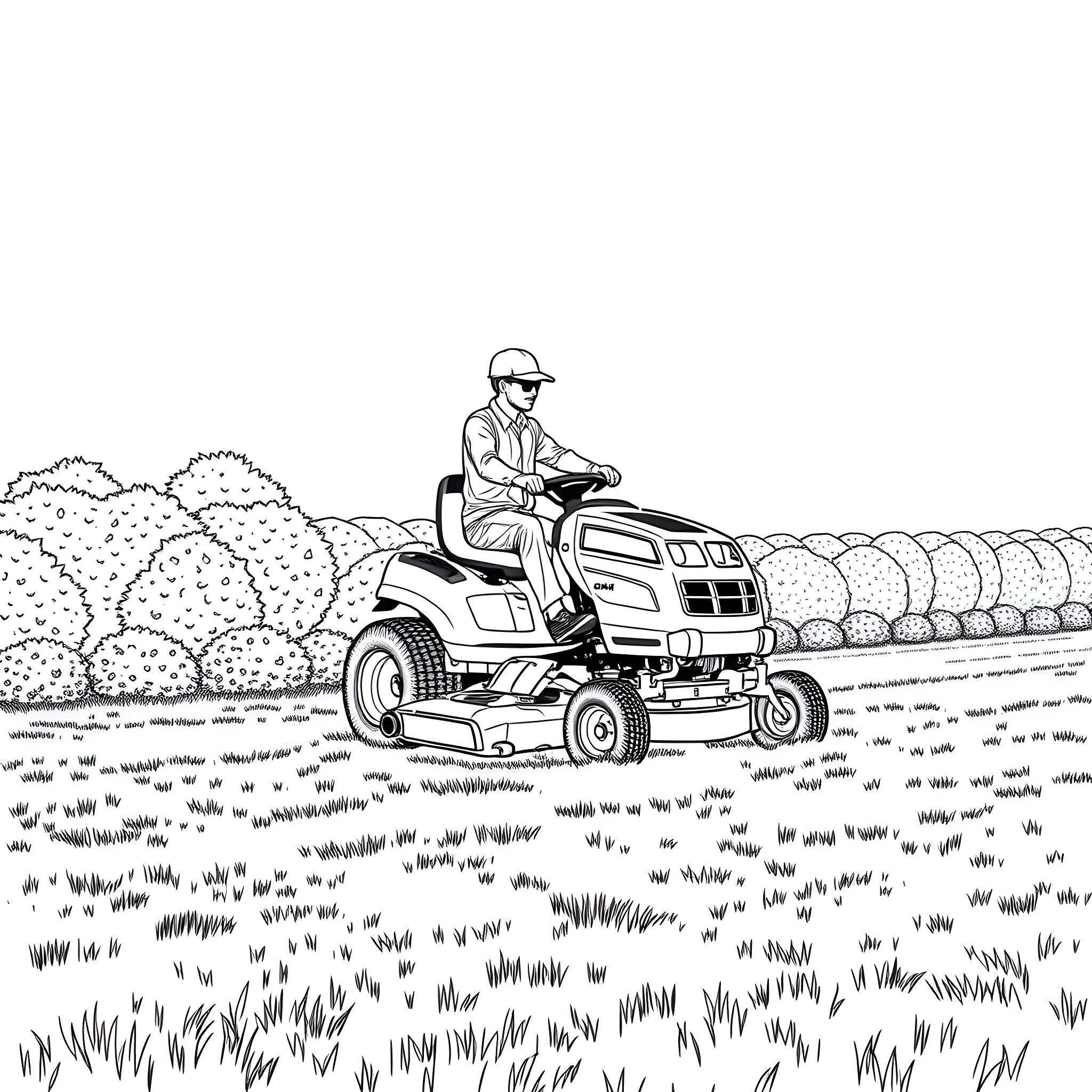 Mower operating lawn equipment in field Coloring Page (free black-and-white line drawing printable PDF for all, from beginners to advanced learners, including children, teens, adults, and seniors)