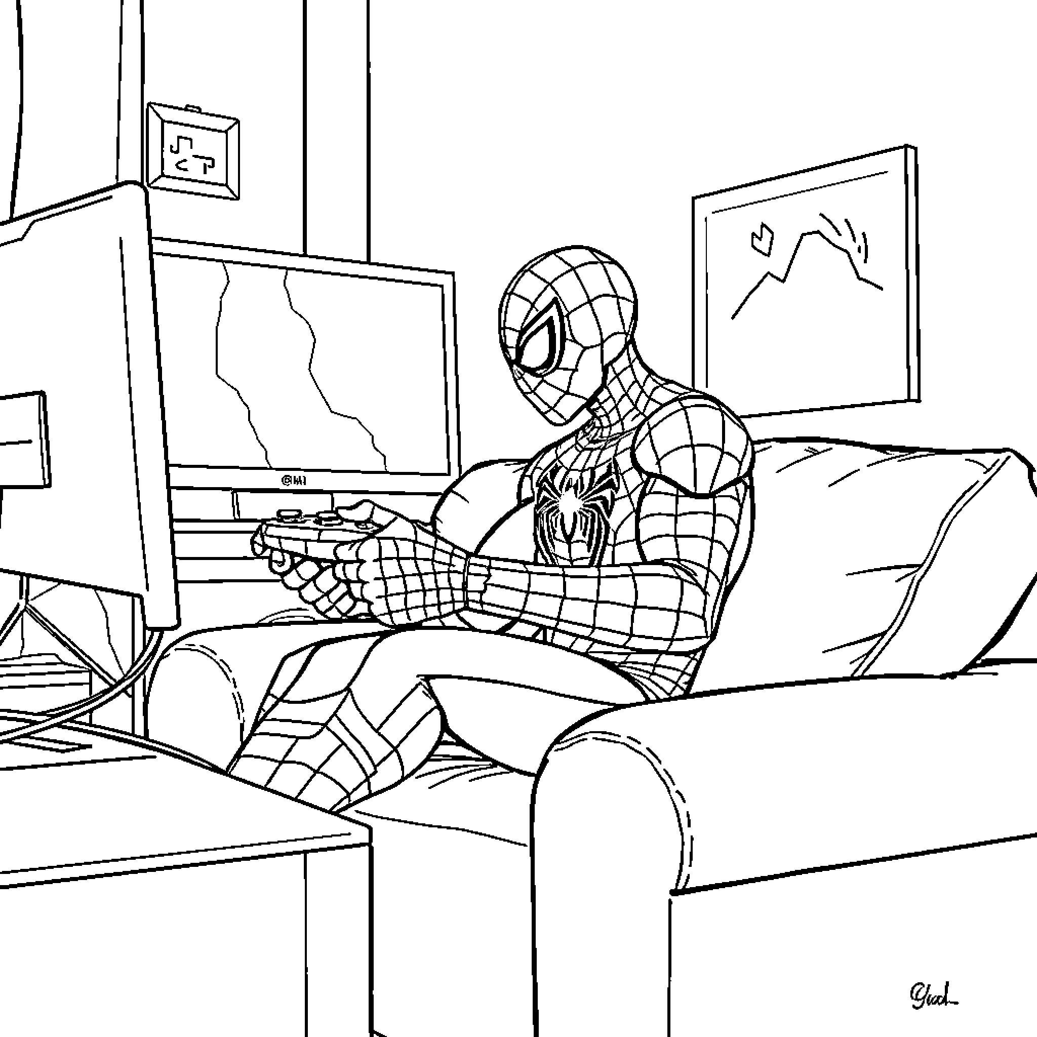 Spiderman relaxing and playing video games Coloring Page (free black-and-white line drawing printable PDF for all, from beginners to advanced learners, including children, teens, adults, and seniors)
