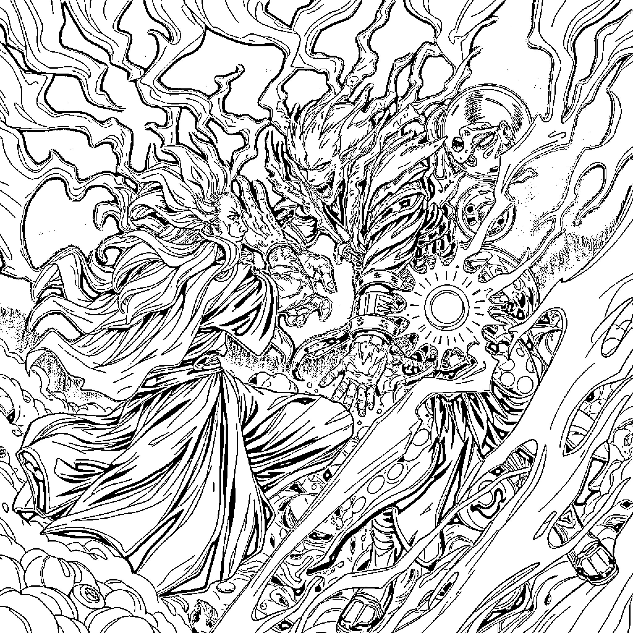 Itadori's Mystical Transformation Coloring Page (free black-and-white line drawing printable PDF for all, from beginners to advanced learners, including children, teens, adults, and seniors)