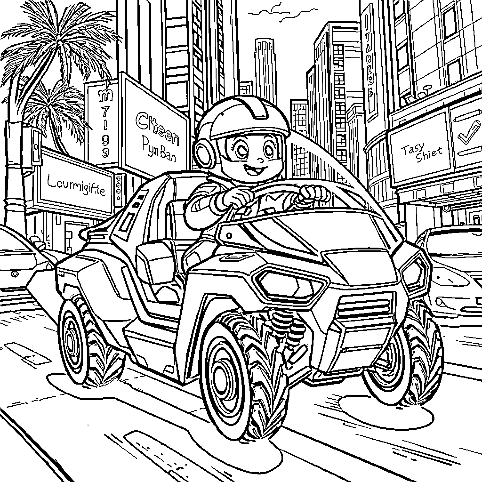 Ban Ban Mischievous Driver in the City Coloring Page (free black-and-white line drawing printable PDF for all, from beginners to advanced learners, including children, teens, adults, and seniors)