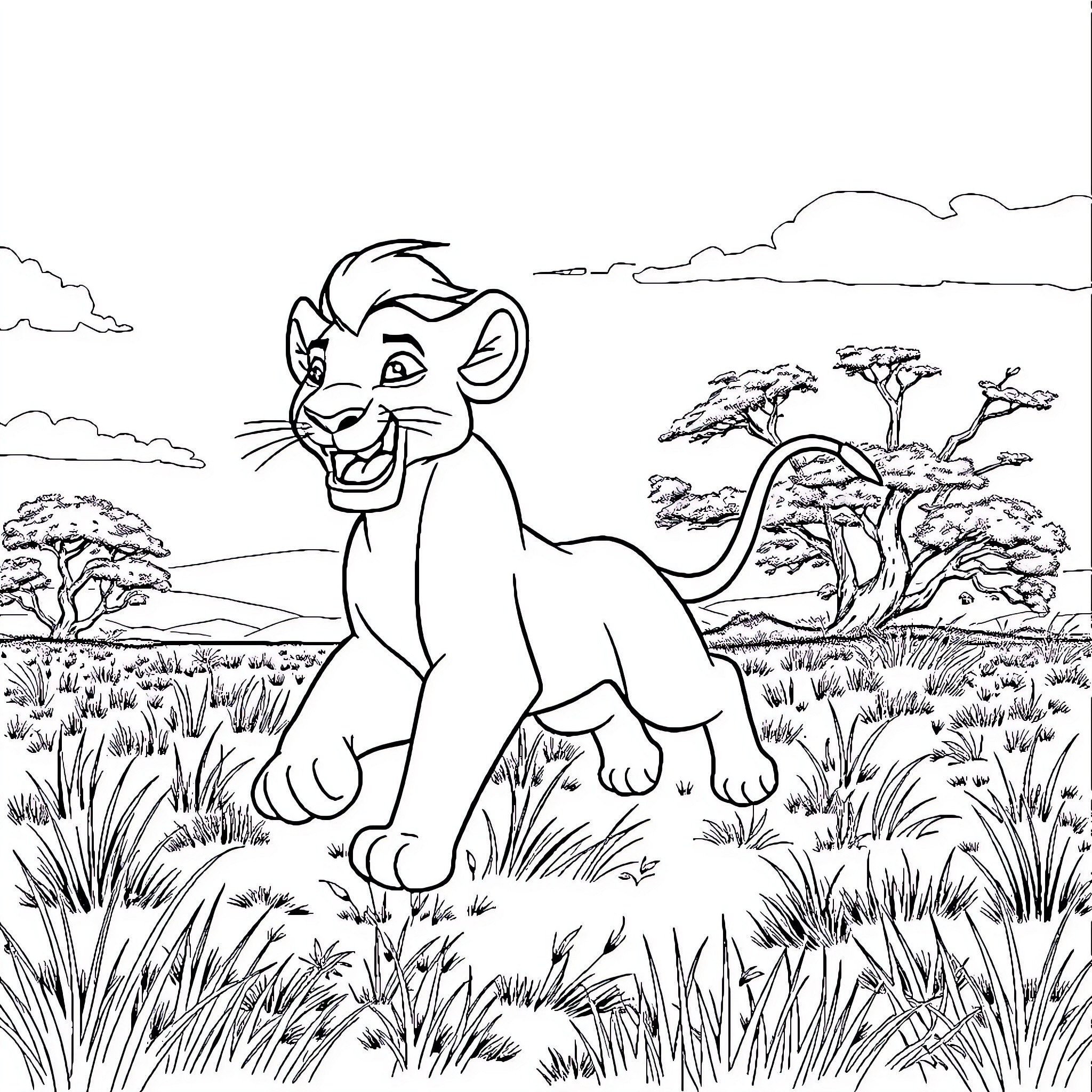 Simba exploring the African savanna Coloring Page (free black-and-white line drawing printable PDF for all, from beginners to advanced learners, including children, teens, adults, and seniors)