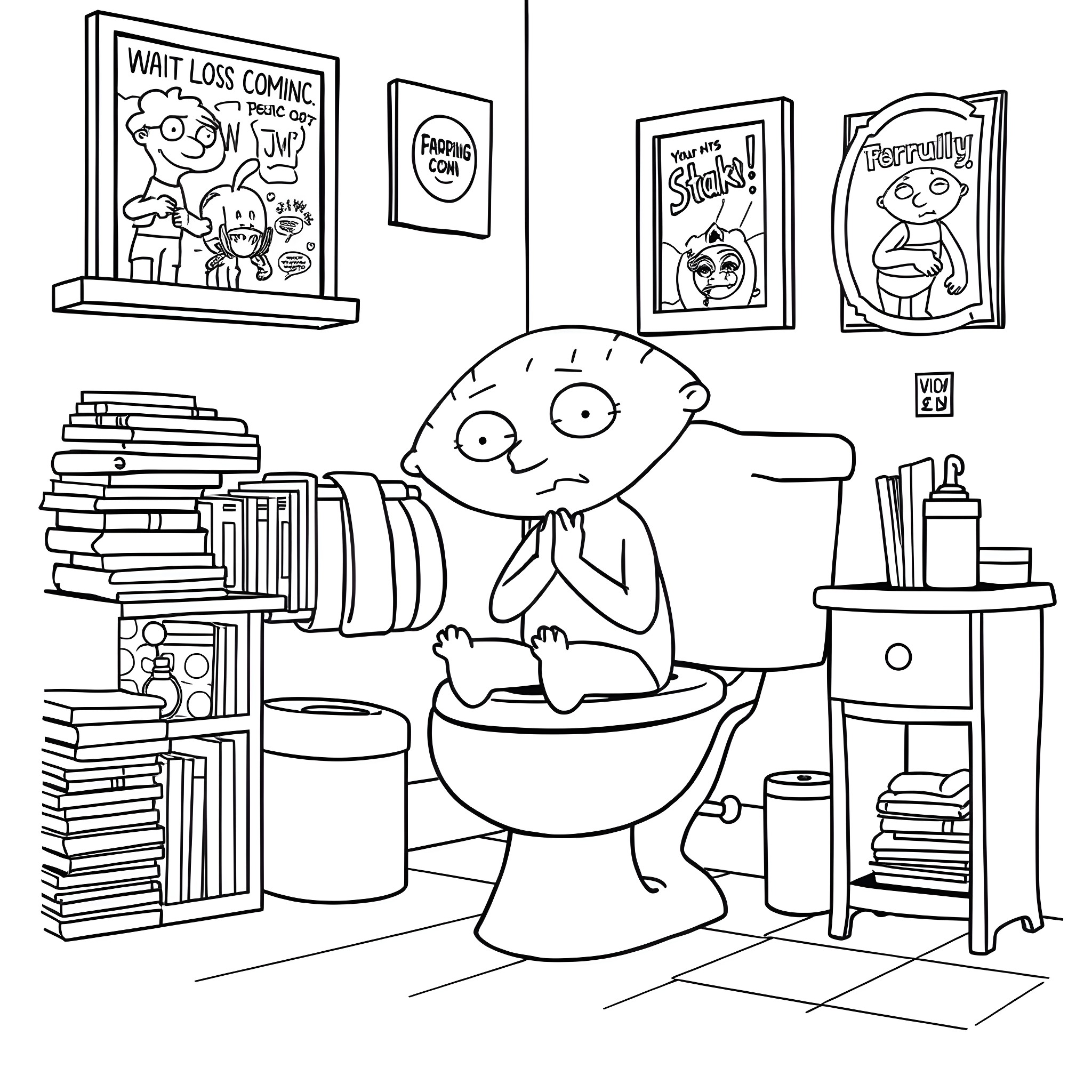 Stewie sitting on the toilet in a room full of books Coloring Page (free black-and-white line drawing printable PDF for all, from beginners to advanced learners, including children, teens, adults, and seniors)
