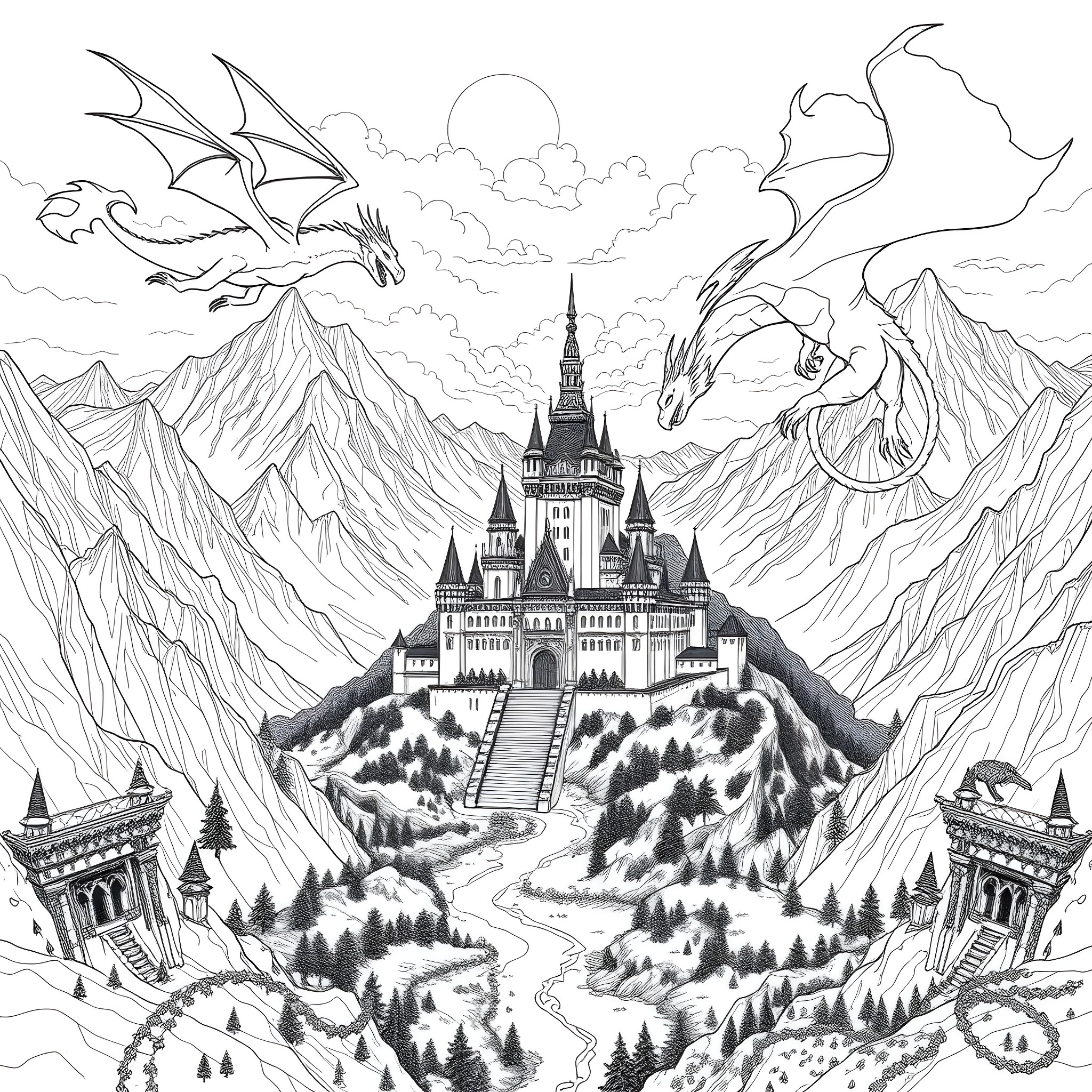 Dragon guardians soaring over fantasy castle landscape Coloring Page (free black-and-white line drawing printable PDF for all, from beginners to advanced learners, including children, teens, adults, and seniors)