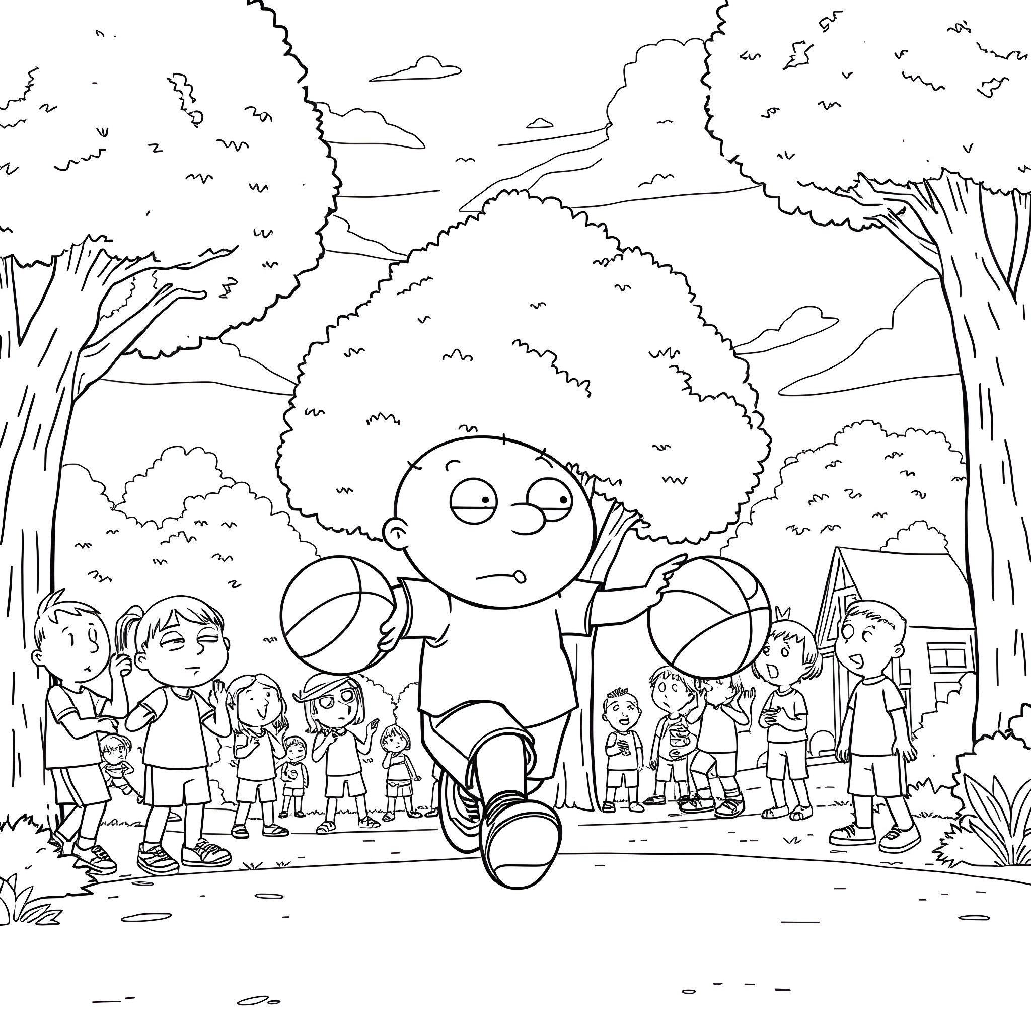 Stewie Griffin enjoying outdoor activities with friends Coloring Page (free black-and-white line drawing printable PDF for all, from beginners to advanced learners, including children, teens, adults, and seniors)