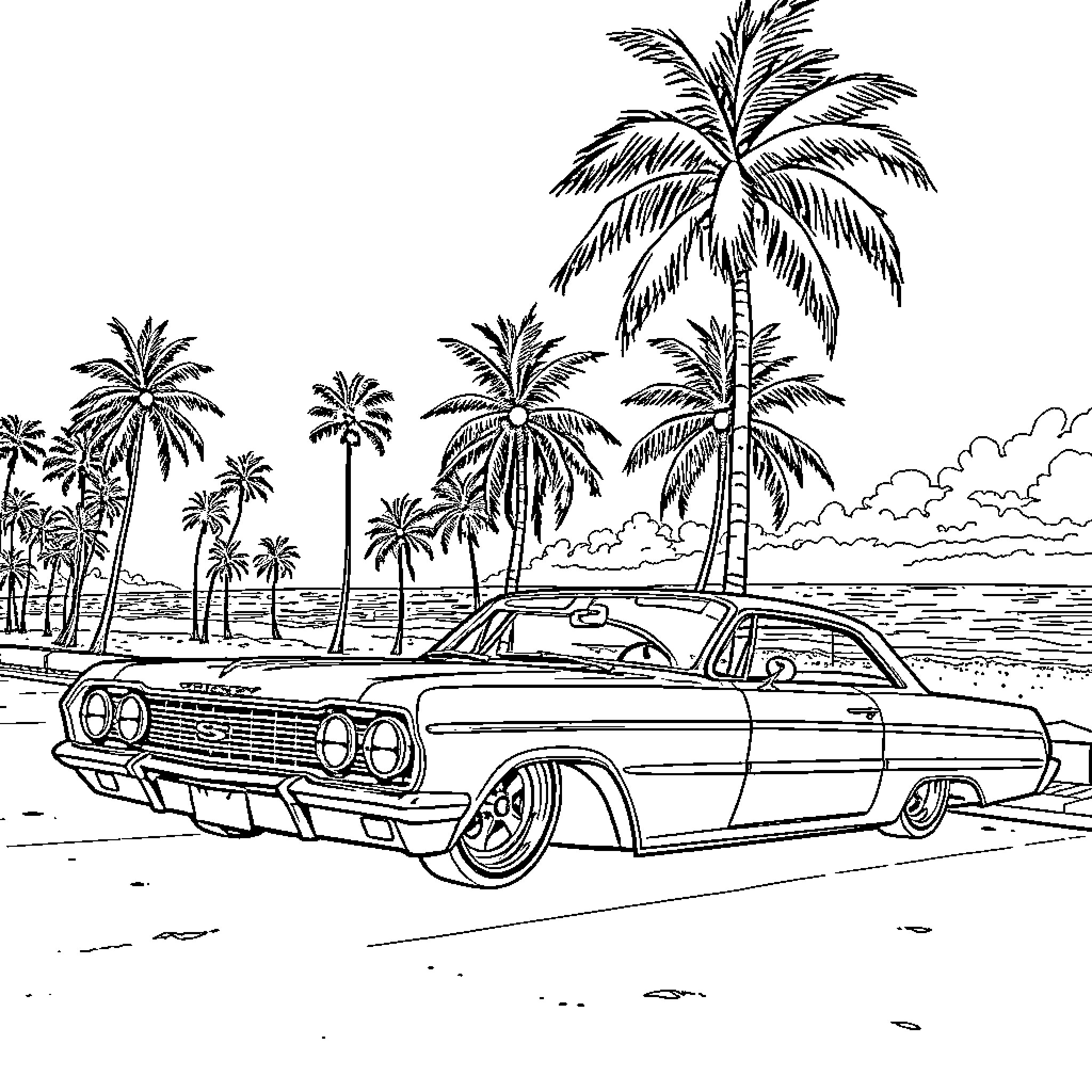 Chevy Impala cruising on a tropical beach Coloring Page (free black-and-white line drawing printable PDF for all, from beginners to advanced learners, including children, teens, adults, and seniors)